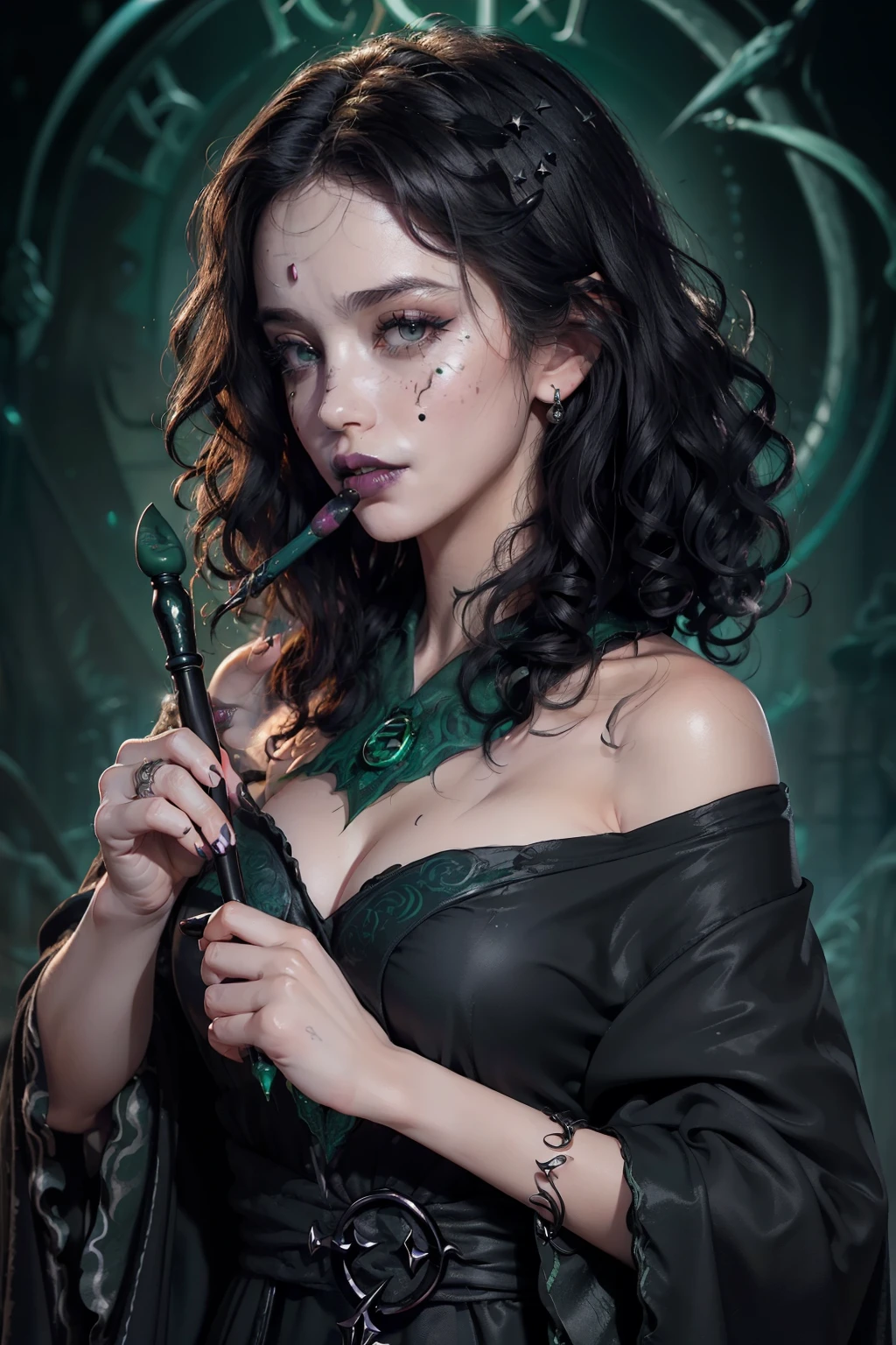 ((A captivating image of Bellatrix Lestrange)), ((wearing authentic Slytherin robes)), ((with intricately curled black hair)), ((her black dull eyes reflecting a mischievous glint)), ((lips painted in subtle black lipstick:1.3)), ((clutches a magic wand with an enchanted grip)),
((Masterfully crafted image:1.4)), ((detailed Slytherin robes:1.5)), ((realistic texture to the robes:1.4)), ((curls bouncing naturally:1.37)), ((extremely detailed facial features:1.5)), ((lipstick that perfectly bal