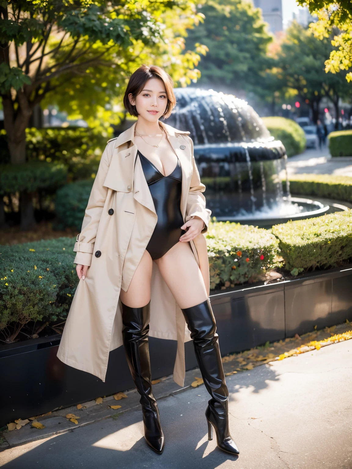 (Raw photo:1.2), (realistic:1.4),beautiful detailed woman,非常にfine eyesと顔, fine eyes, Super detailed,High resolution, very detailed,highest quality,enlightenment,unified,8k wallpaper,masterpiece,highest quality,1 female,alone,rich,Full body Esbian,(standard body shape:1.1)、(D cup breasts:1.1),(toned body shape),There'leg meat,slim waist,alone,(Wear a trench coat:1.6)、(Red Leotard:1.4)、(Black knee-high boots:1.2),jewelry necklace short hair,gentle smile,dignified atmosphere,black eye,realistic,central park , (morning park:1.1)、(Are standing:1.2)