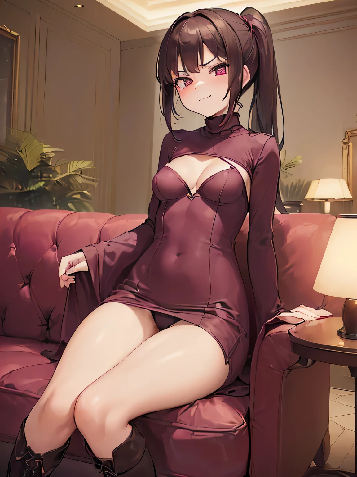 (masterpiece, top quality, high resolution, realistic photos, realistic looking skin:1.1),
(The woman is sitting on a sofa in a hotel lobby:1.8),
(Her dress is so short that you can almost see her panties: 1.8),
(Frontal view looking at her: 1.8),
(She has a smirking expression on her face:1.8),
(Since this is a hotel, she is not on her thighs, knees, or knees, or in any other manner: 2.0),
(She is wearing a burgundy velour long-sleeved turtleneck mini-dress:1.8),
(There is a gap in the chest area of the dress and her cleavage can be seen: 1.8),
(She is wearing black, middle boots: 1.8),
(Panties are purple with a pattern: 1.5),
(bra and panties always come as a set: 1.5),
(Medium ponytail with brown hair:1.5),
(She has a small face:1.5),
(She is 25 years old: 1.5),
(She has D-cup breasts, so you can see her cleavage through her breasts: 1.5),
(The place is a sofa in a hotel lobby:1.5),
1 Japanese girl, solo, full bodied esbian, beautiful eyes, glowing eyes, glowing thighs, NSFW