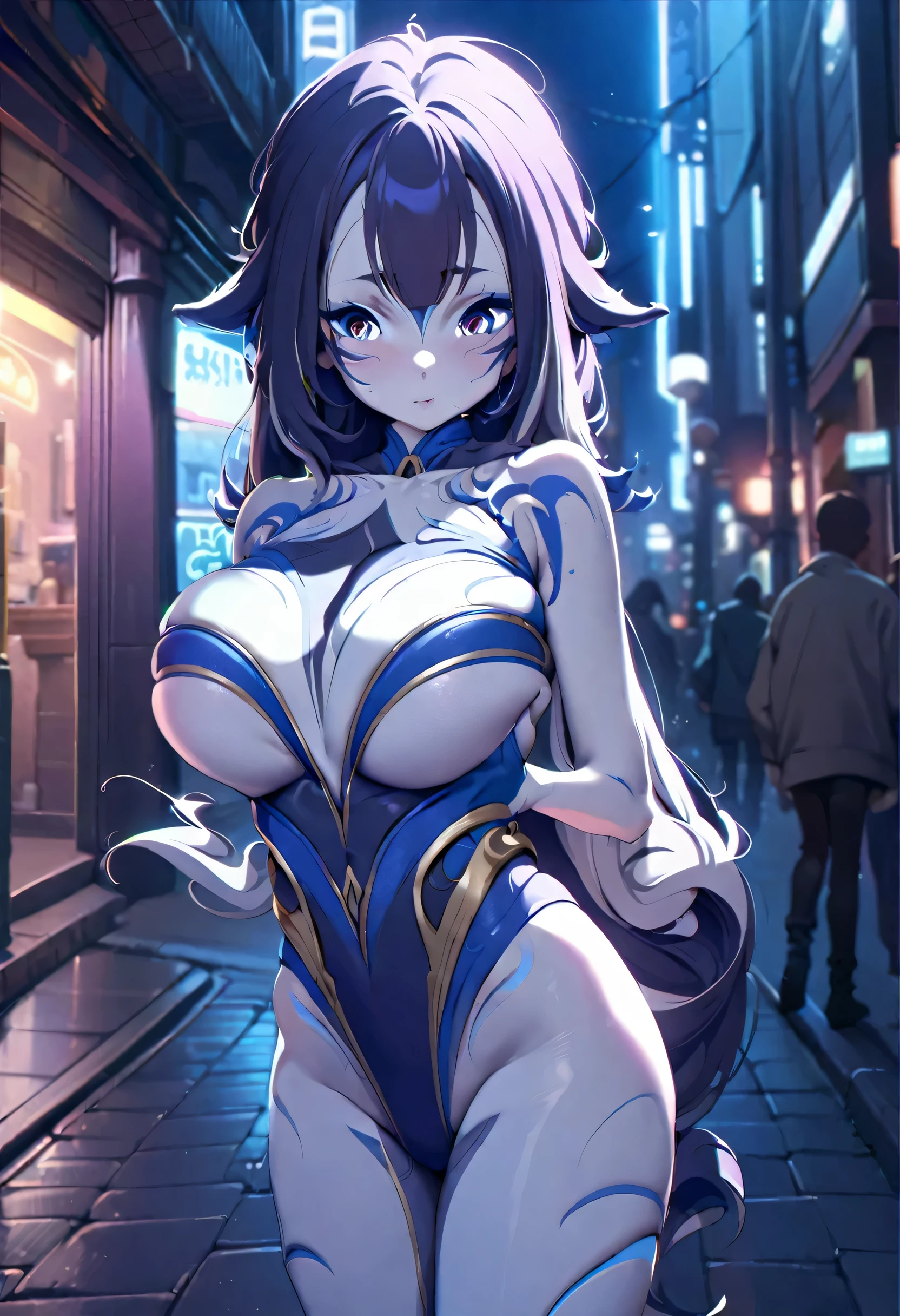 (((shylily))) , (masterpiece, best quality, Super detailed:1.3), perfect composition, 4K, (Very detailed, Super detailed), soft light, raw, high dynamic range, 8k texture, Extreme details, Highly detailed skin textures, Epic details, high definition, 1 girl, (delicate eyes:1.3), (18 year old girl:1.3), (skinny), (big breasts), small, on the street, public;in public, night street, night light, neon lights, Japanese cartoons, illustration
