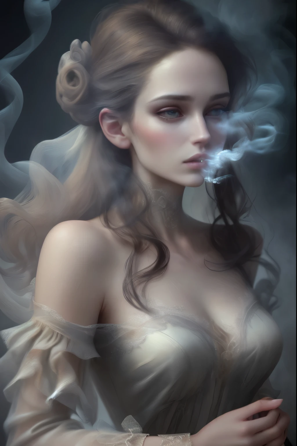 (best quality,4k,8k,highres,masterpiece:1.2),ultra-detailed,(realistic,photorealistic,photo-realistic:1.37),smoke,smoke ambience,smoke woman,smoke clothes,detailed eyes,beautiful lips,mysterious atmosphere,ethereal,graceful smoke,soft and flowing dress,feminine silhouette,subtle gestures,dimly lit environment,seamless integration of smoke and figure,fine details in clothing,subtle color palette,vibrant smoke tendrils,dreamlike,surrealistic,impressionism