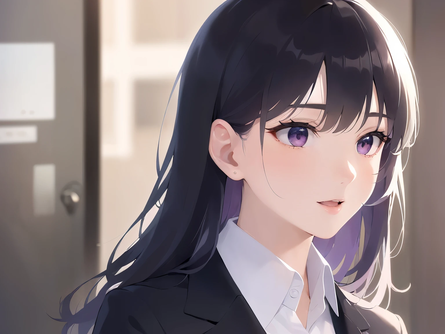 side angle, (looking away:1.5), Biologically correct five fingers、holding a phone, calling on smartphone, Upper Body, Realistic, real person, (pale skin: 1.2), RAW photo, photorealistic, portrait photography, shiny skin, japanese idol、shiny hair、(25 year old woman with straight medium hair with bangs) and (black hair) and (purple eyes) , (business suit:1.5) and (white collared shirt) and (long sleeve) 、smile, open mouth, The background is a company conference room、Alone、Are standing