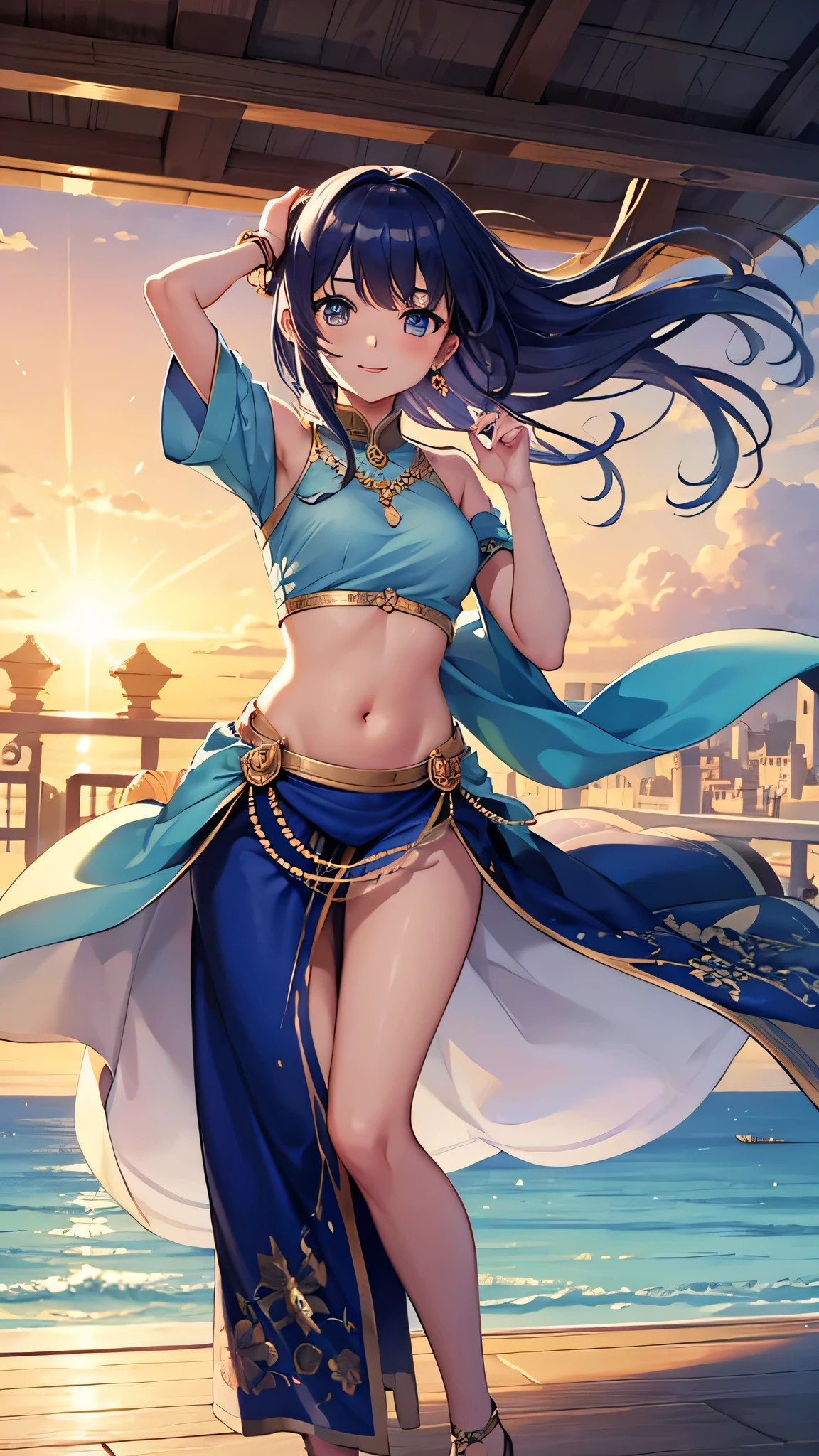 Yukino yukinoshita, long hair, cleavage, navel, slim legs, black hair, blue eyes, arabian belly dancer, body, happy, gown, skirt