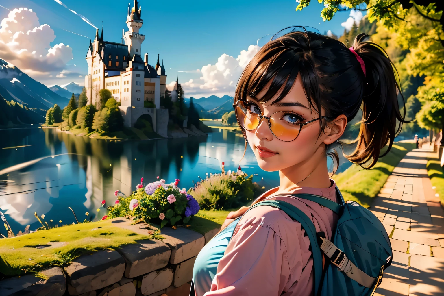 ((wide angle shot)) beautiful female tourist, black hair, ponytail, bangs, wearing large glasses, smirk, ((wearing a Backpacker style outfit)), morning light, Neuschwanstein Castle, Schwangau