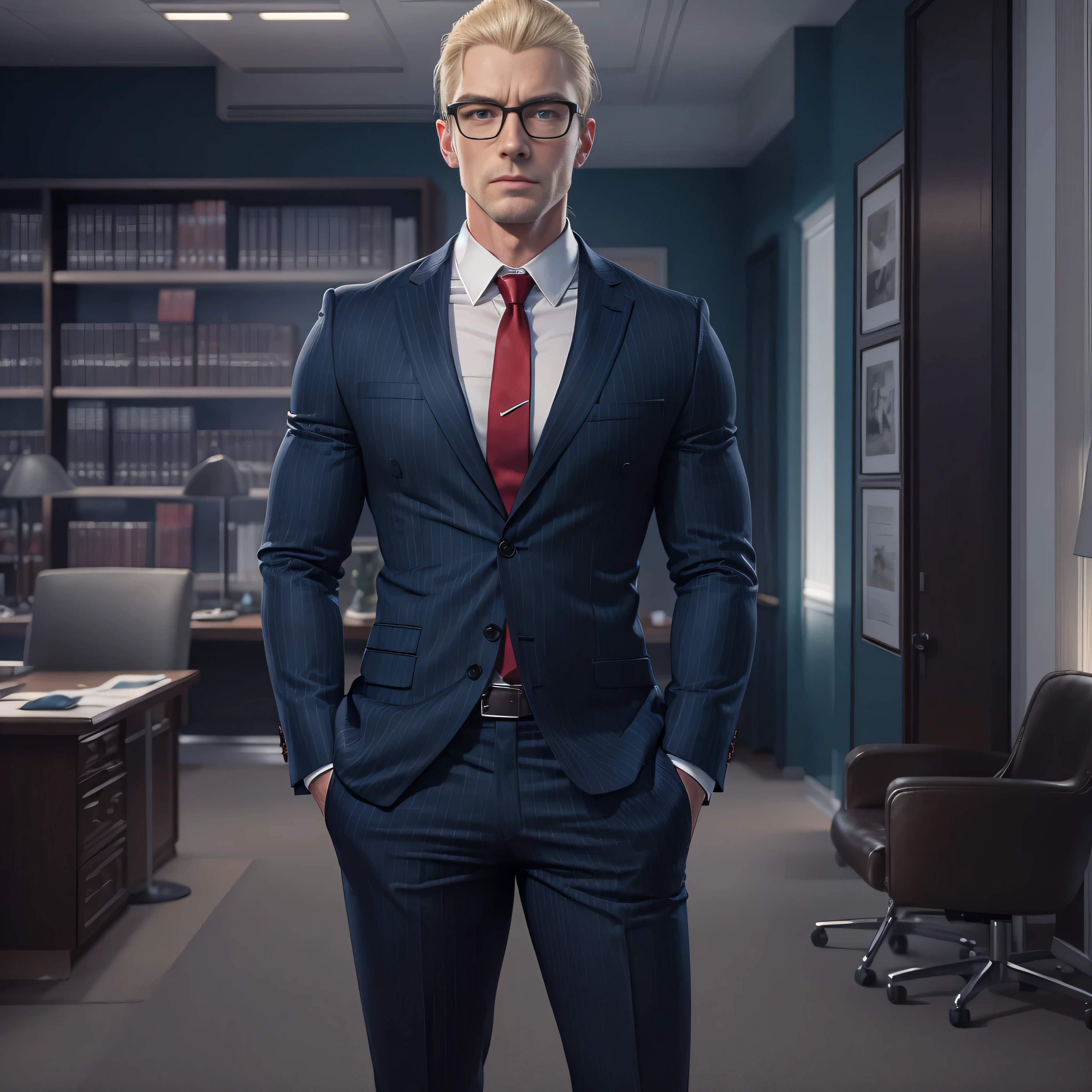 Handsome man with a long face and glasses, blonde slickback hair, dark blue suit, dark blue pants, glasses, red tie, blue eyes, in a large private office, photo-realistic, octane render, unreal engine, ultra-realistic