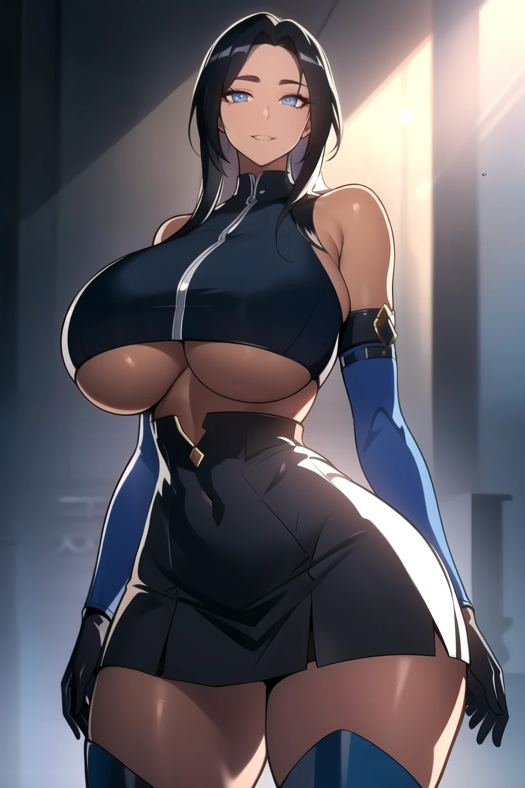 masterpiece, best quality, absurdres, 8k, perfect shadows,perfect lighting,hdr, cowboy shot,shiny skin,skindentation, beautiful body, kafka, ((black hair: 1.4)), long hair, (blue eyes: 1.4),  (crop top, underboob, elbow gloves, thigh boots, split skirt, bare shoulders, curvy, midriff, curvy, thighs, higheels, shiny clothes), complex detailed background, inside, luxury palace) (gigantic breasts,hourglass body, thin waist,very slim waist)extremely detailed face,detailed eye makeup, detail face, nice detailed eyes,nice hands, perfect hands (realistic pupils,realistic iris:1) heavy eye makeup,glowing eyes, Bright eyes,standing,standing at attention,(seductive smile), gigantic breasts, curvy, cowboy shot, (( tan skin: 1.1)), (( tan face: 1.1))