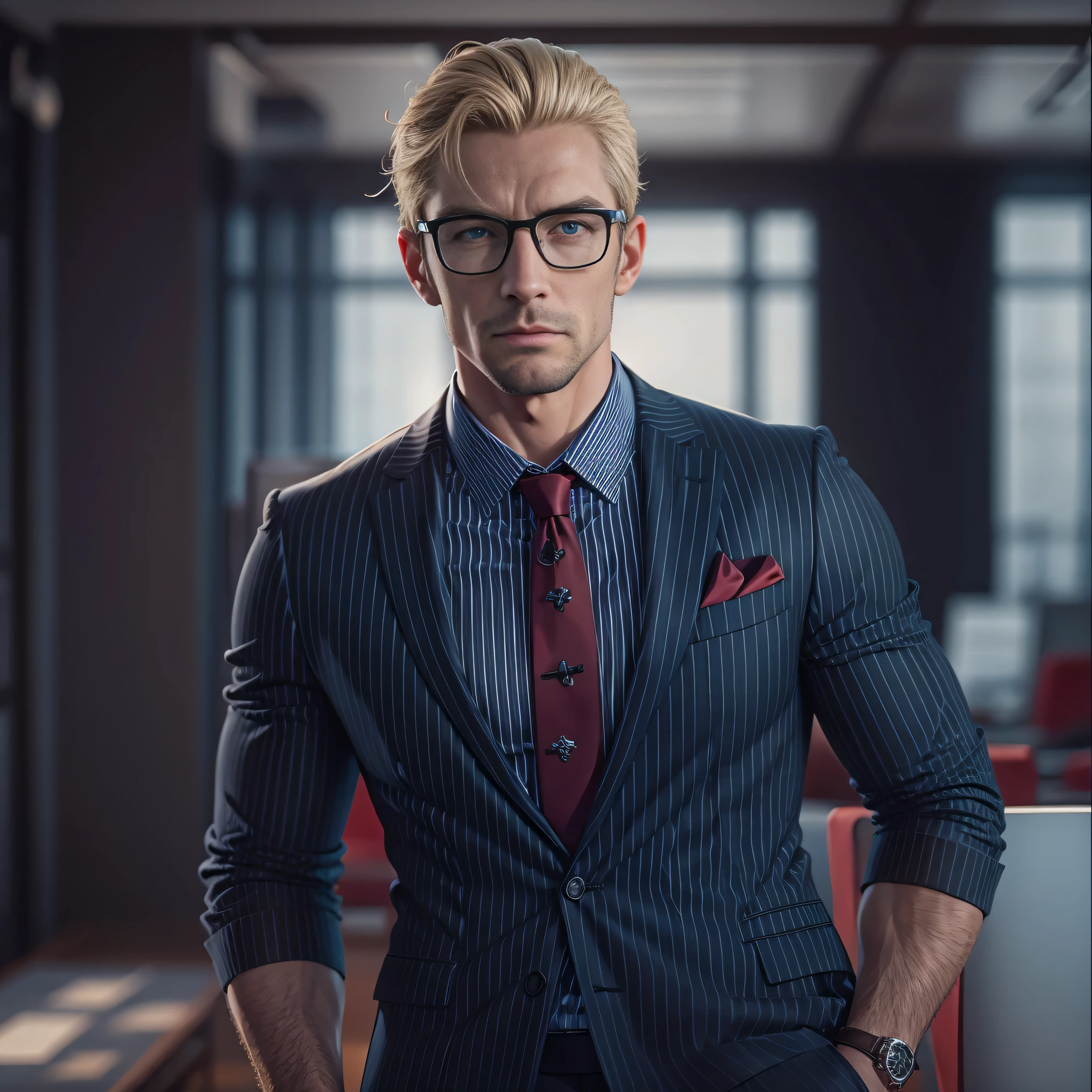 Handsome man with a long face and glasses, blonde slickback hair, dark blue suit, dark blue pants, glasses, red tie, blue eyes, in a large private office, photo-realistic, octane render, unreal engine, ultra-realistic
