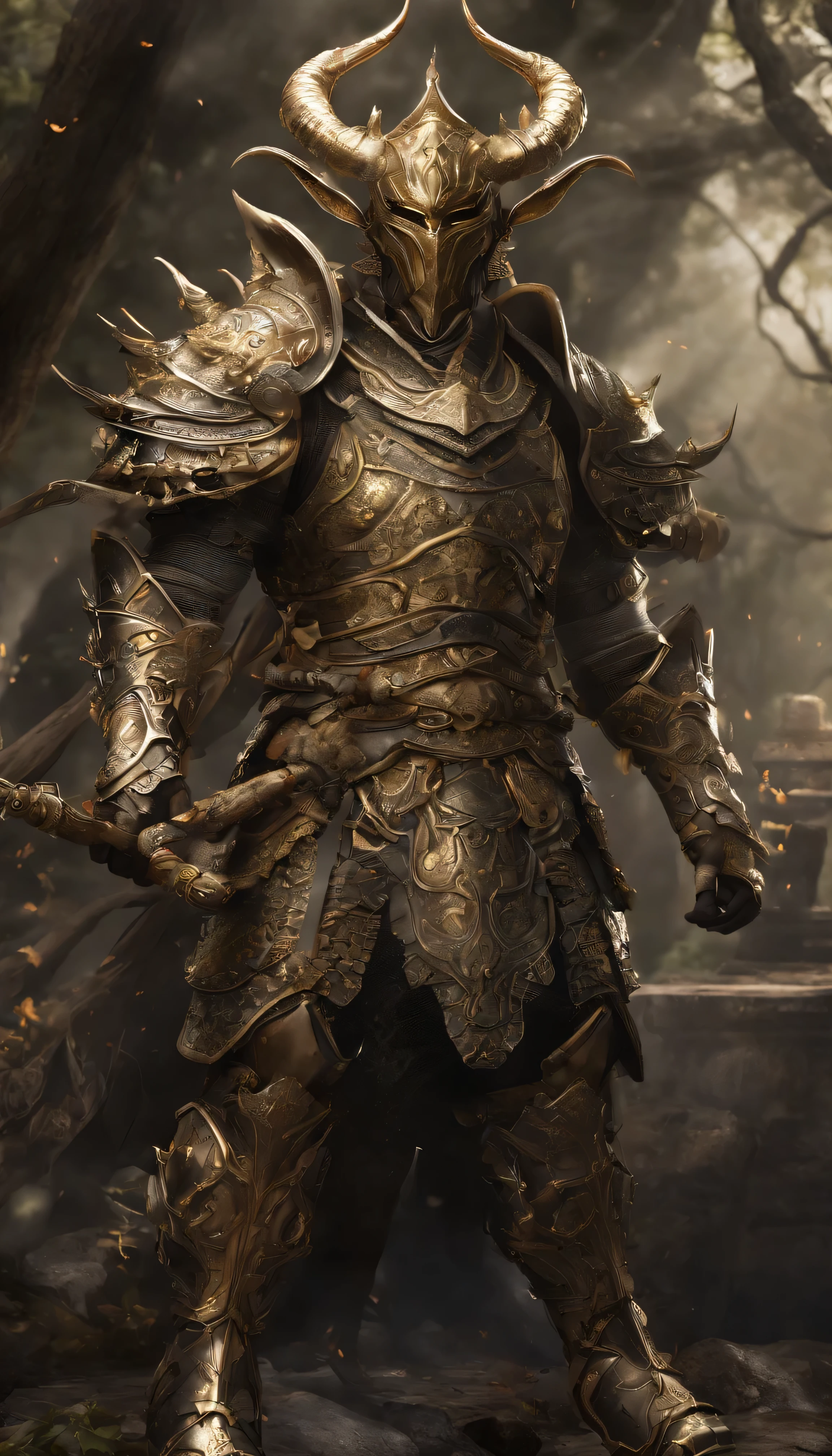warrior, concept-art, author：Kishiganku, Fantasy art, Zen temple background, clean render, a horned, Wear a set of armor, Detailed bushido form smoke, helmet of a forgotten deity, character is standing, 8k Realistic, in game render, detailed face background detail, Art station front page, taur, Pseudo-medieval fantasy, A deity wearing koi armor, detailed bronze armor, Bronze armor, golden etched armor, gold obsidian armor, Light gold armor, Gorgeous filigree armor, A demonic warrior, Gorgeous armor full of thorns, Intricate assasin armor, Intricate metal armor, powerful warrior, Dressed in gorgeous golden armor，Decorated with intricate patterns, The helmet has a large crown and two horns, Everything is in the dark, The smoky background alludes to battle scenes, Add an ominous aura to his character，Huge demon wings of demons，submission, Full body shot.