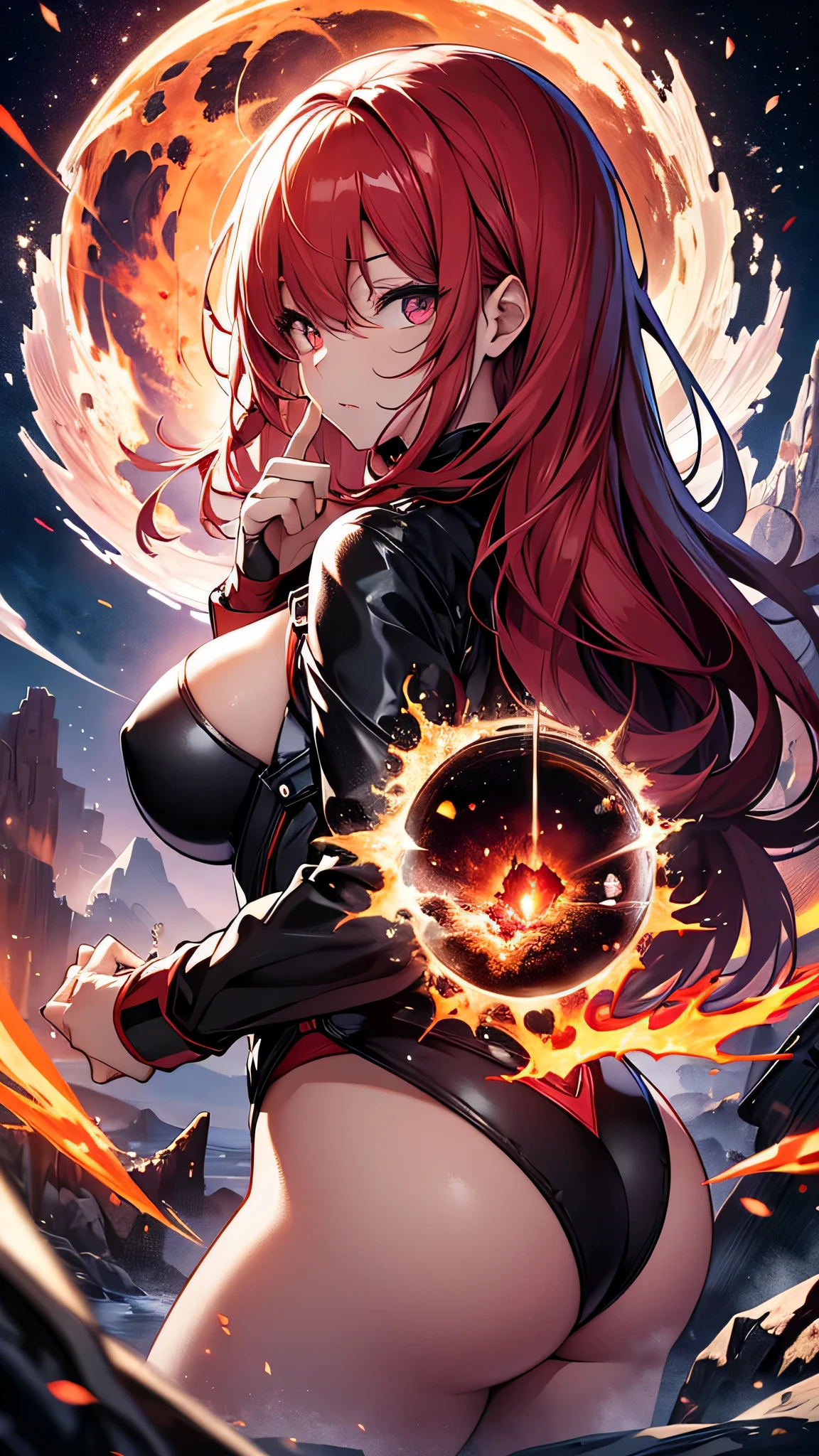 最high quality、best image quality、masterpiece、girl((20-year-old、 By becoming、vest bust、medium bust,wide open breast tea、shining eyes, glowing red hair、long hair、thin,highest valley、black and red suit、Wristband、black gloves、fighting pose、inflammation from the whole body、sharp nails、back view、Lock)),high quality、beautiful art、background((inflammation、volcano、magma、eruption、meteorite、bright red sky、firebird))、Flight、debris flies、Depth of written boundary、movie、visual art、perfect art、8K,genuine、