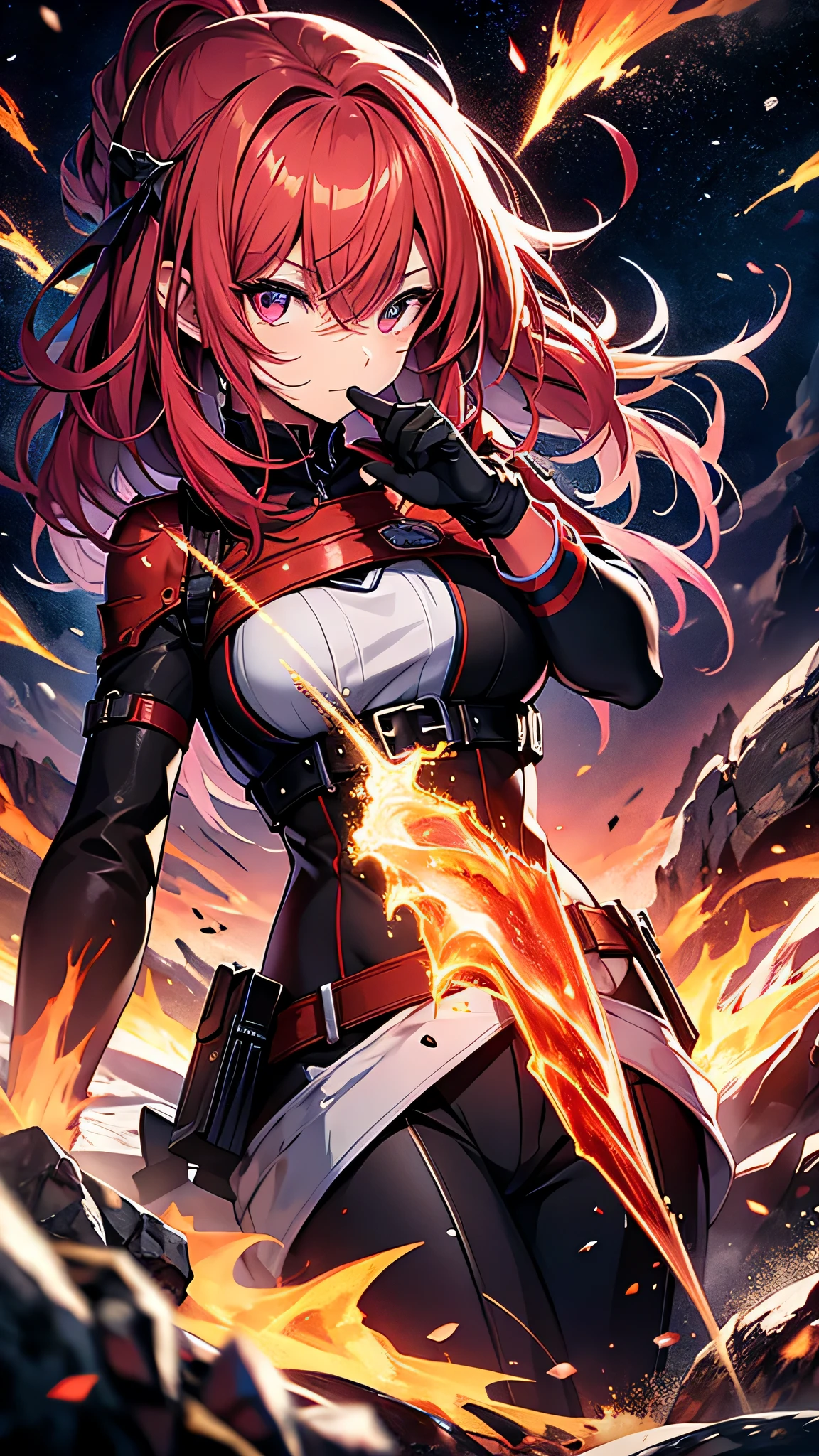 最high quality、best image quality、masterpiece、girl((20-year-old、 By becoming、vest bust、medium bust,wide open breast tea、shining eyes, glowing red hair、long hair、thin,highest valley、black and red suit、Wristband、black gloves、fighting pose、inflammation from the whole body、sharp nails、back view、Lock)),high quality、beautiful art、background((inflammation、volcano、magma、eruption、meteorite、bright red sky、firebird))、Flight、debris flies、Depth of written boundary、movie、visual art、perfect art、8K,genuine、
