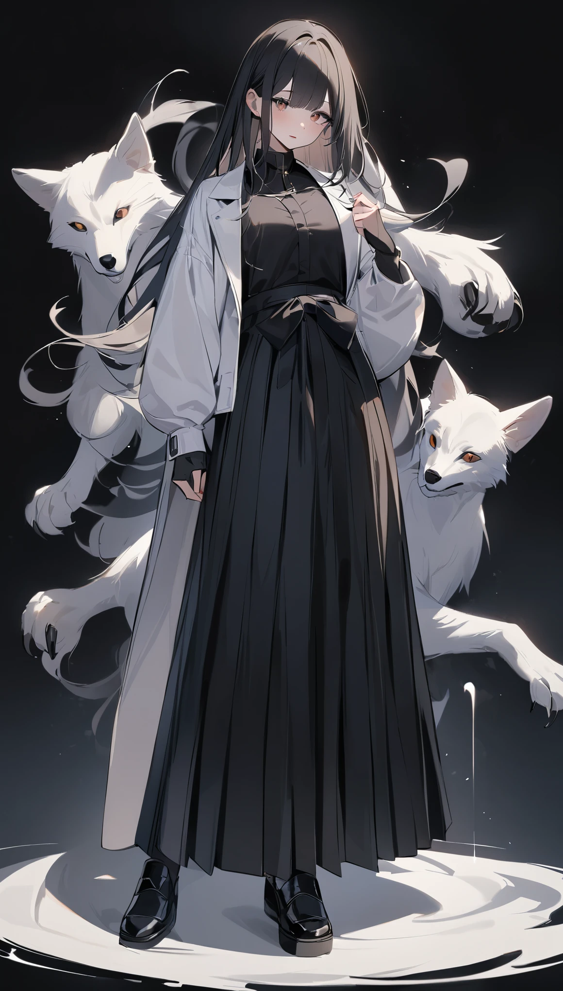 highest quality、masterpiece、(((1 girl)))、alone、((black background:1.1))、black background、full body angle、(((White jacket and black hakama:1.3)))、Similarly、A dignified appearance、Are standing、black background、black haired:1.5、brown eyes、red lips、white clothes、Black and white world、Black and white world、pale skin、long straight hair、silky black hair、