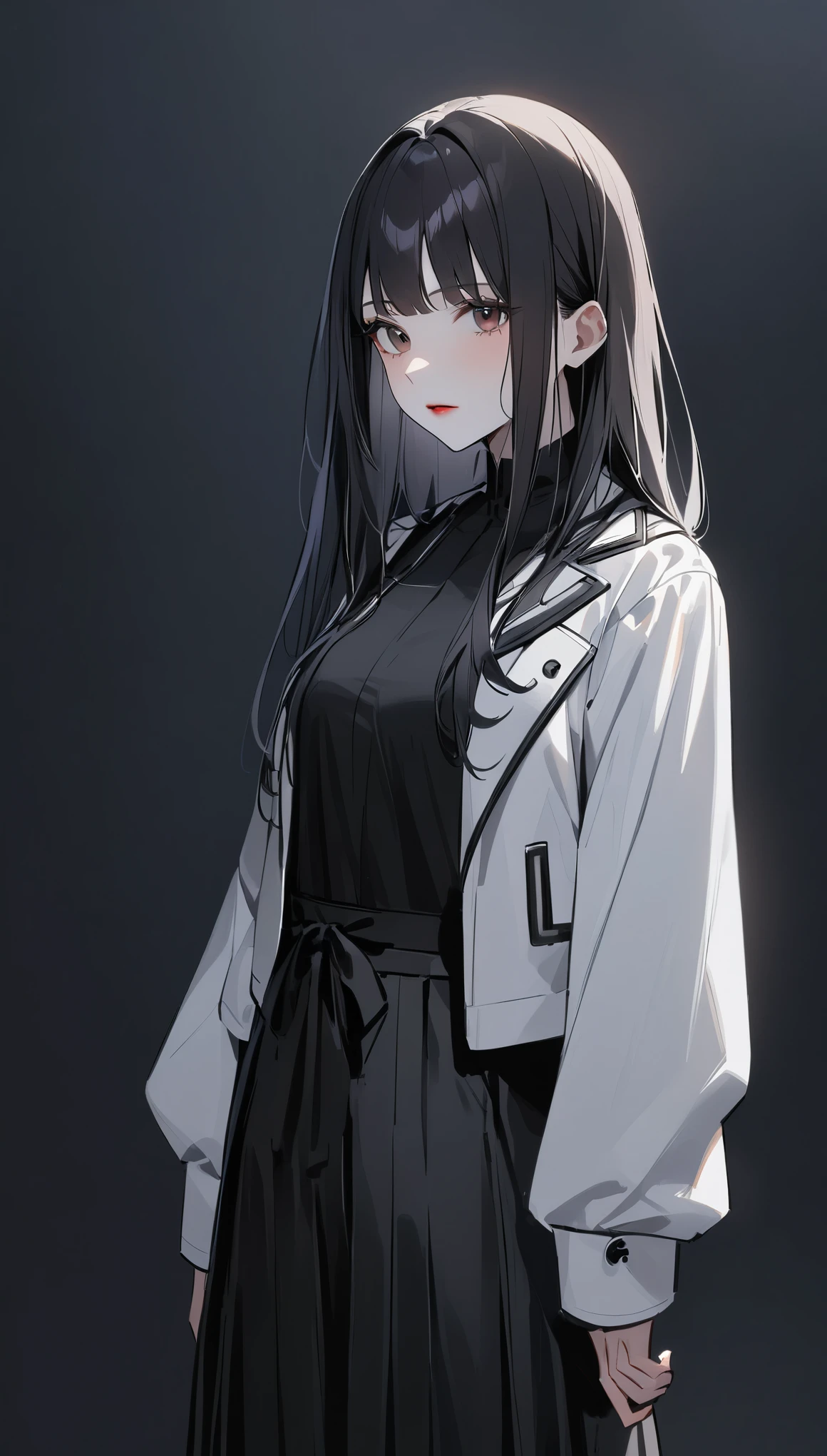 highest quality、masterpiece、(((1 girl)))、alone、((black background:1.1))、black background、full body angle、(((White jacket and black hakama:1.3)))、Similarly、A dignified appearance、Are standing、black background、black haired:1.5、brown eyes、red lips、white clothes、Black and white world、Black and white world、pale skin、long straight hair、silky black hair、