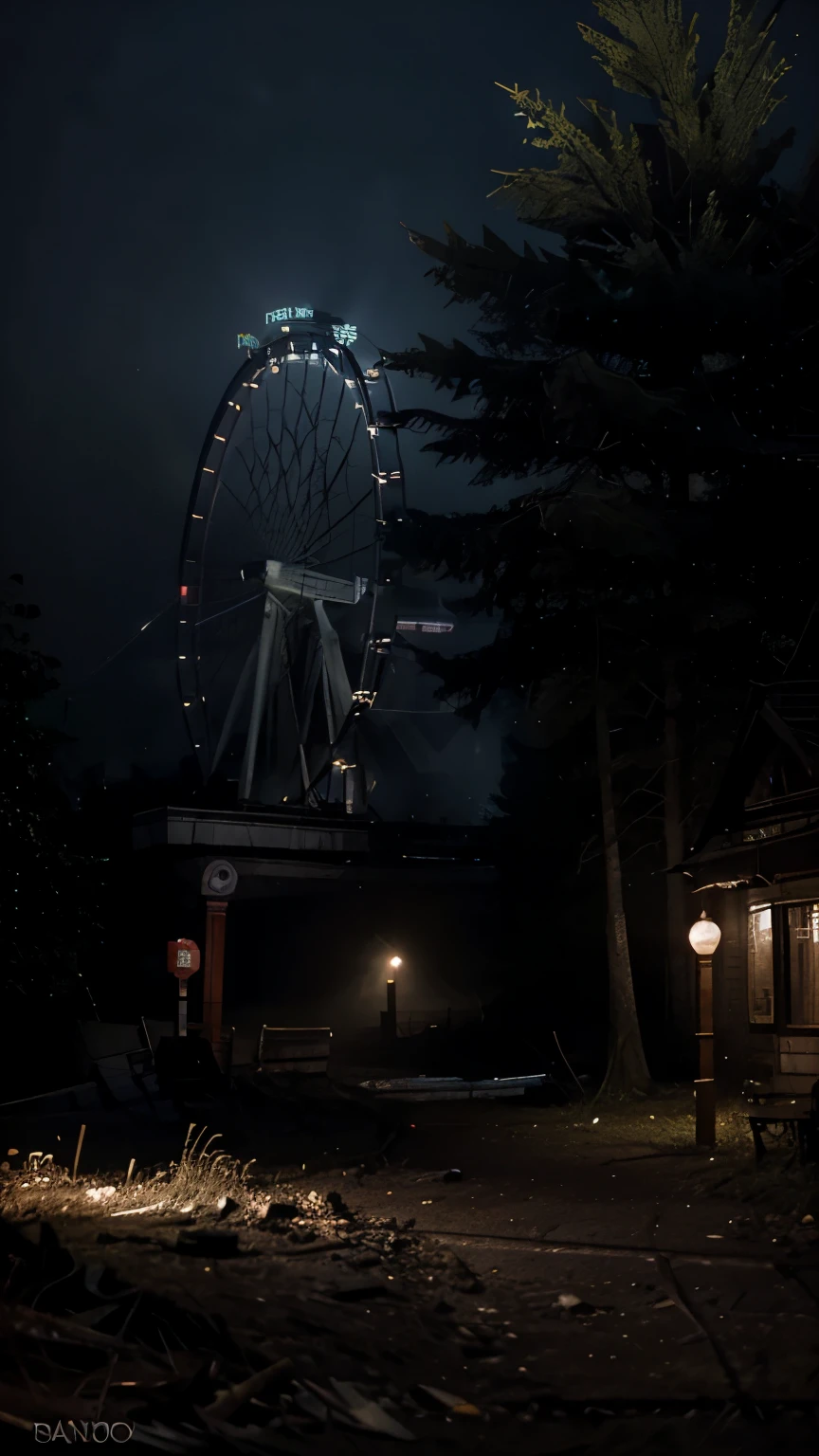 ruins,Ferris wheel,night,collapse,spirit,darkness,the light is out,fog,dark,horror