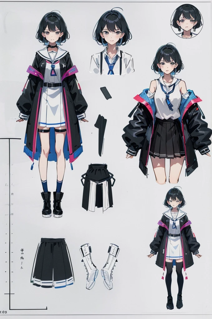 anime character design, anime key visual concept art of, Anime VTuber full body model, design sheet, Anime full body illustration, Live2D virtual Youtuber model,high school girl,black hair short,Standing picture,Completely ,