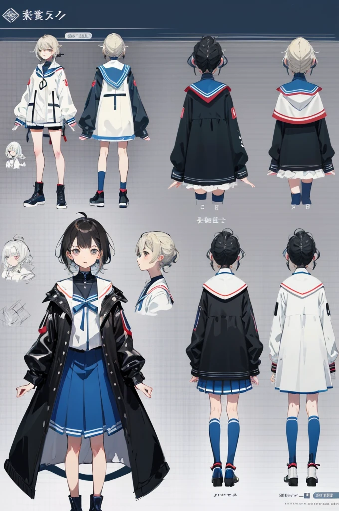 anime character design, anime key visual concept art of, Anime VTuber full body model, design sheet, Anime full body illustration, Live2D virtual Youtuber model,high school girl,black hair short,Standing picture,Completely ,