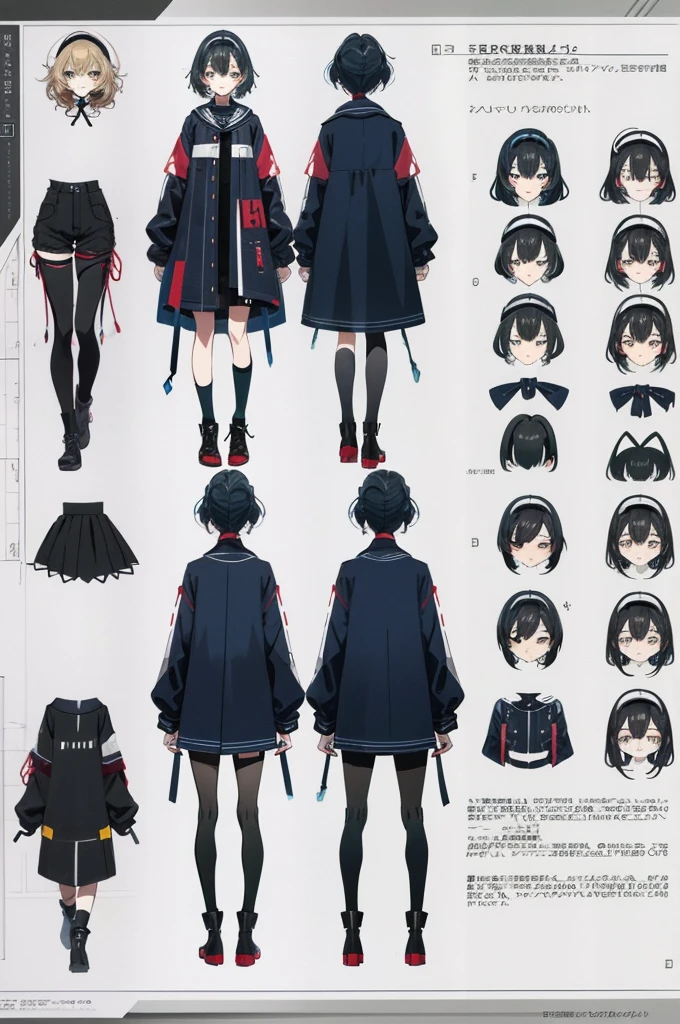 anime character design, anime key visual concept art of, Anime VTuber full body model, design sheet, Anime full body illustration, Live2D virtual Youtuber model,high school girl,black hair short,Standing picture,Completely naked,