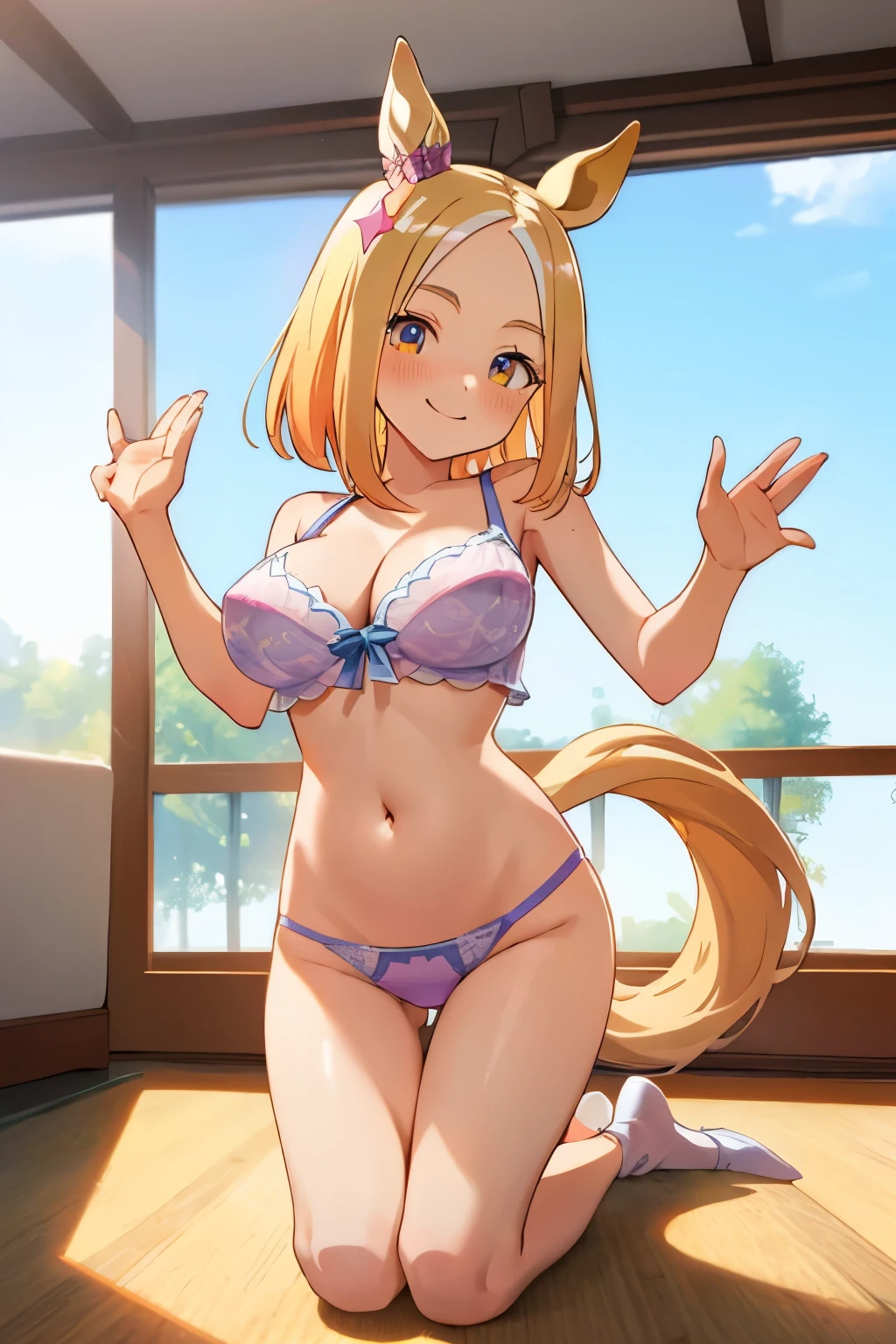 Narita Top Road\(Umamusume\), super detailed face, masterpiece, highest quality, light smile, blush, wave hands, ((super detailed face)), slender girl, whole body, (((In underwear))),horse tail, light smile, fine and clear eyes, (big breasts),bra,panties,((nsfw))