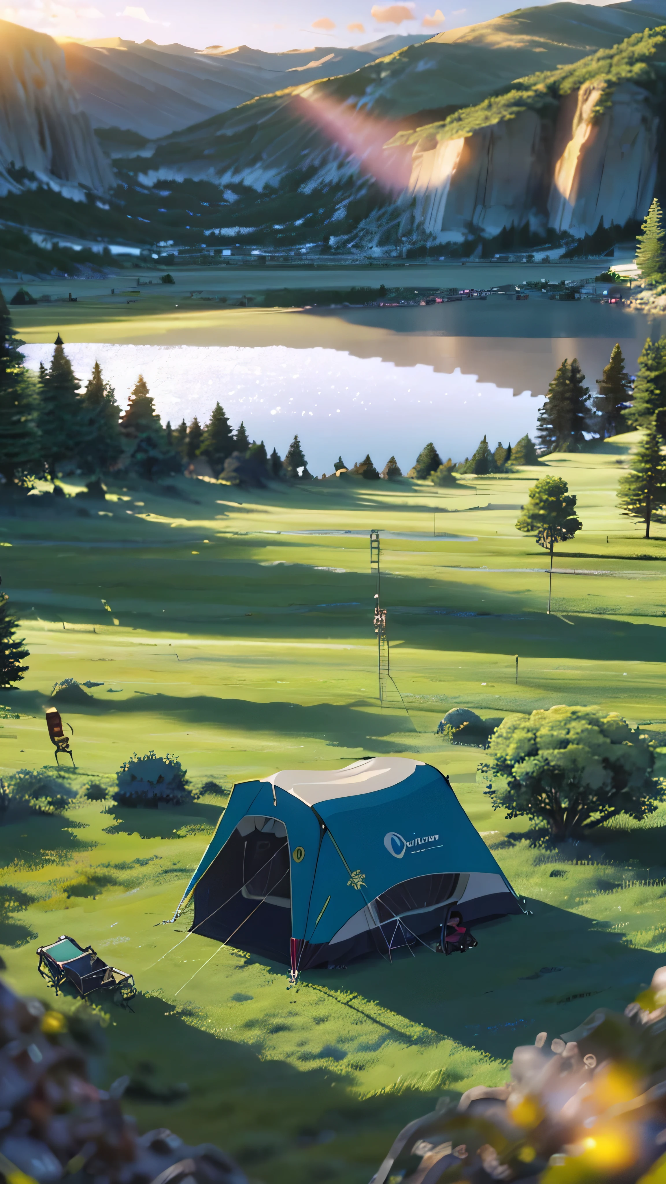 A group of young people camping in a vast meadow,Exquisite facial features,4K,blue open sky,high-definition picture quality ,3 d model,tenten