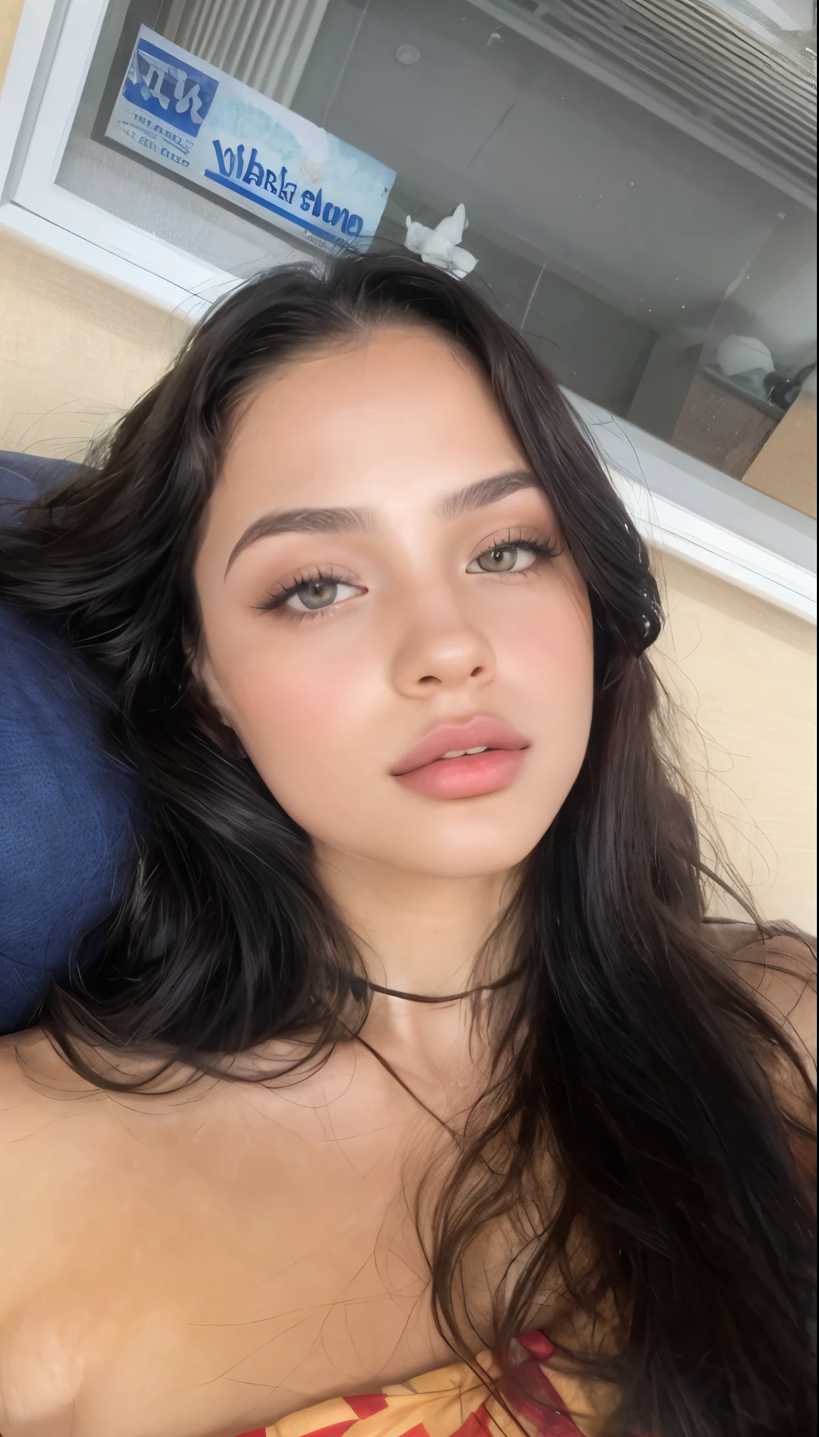 a close-up of a woman with long hair lying on a sofa, Retrato de Sophie Mudd, Violeta Myers, face like exposed ester, Bella Poarca, detailed flawless face, rosto extremamente lindo, thick lips, lindo rosto latina, ela tem um rosto fofo, her face looks like an orchid, flawless face, 18 anos de idade, rosto sexy com maquiagem completa, indialove latina bruta, parda linda sexy girl