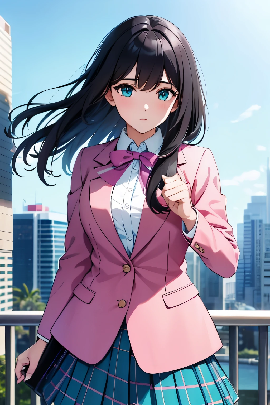 masterpiece, highest quality, High resolution, disorganized, 1 girl, black hair, aqua eye, pink ribbon, , sky blue blazer, plaid pleated skirt
