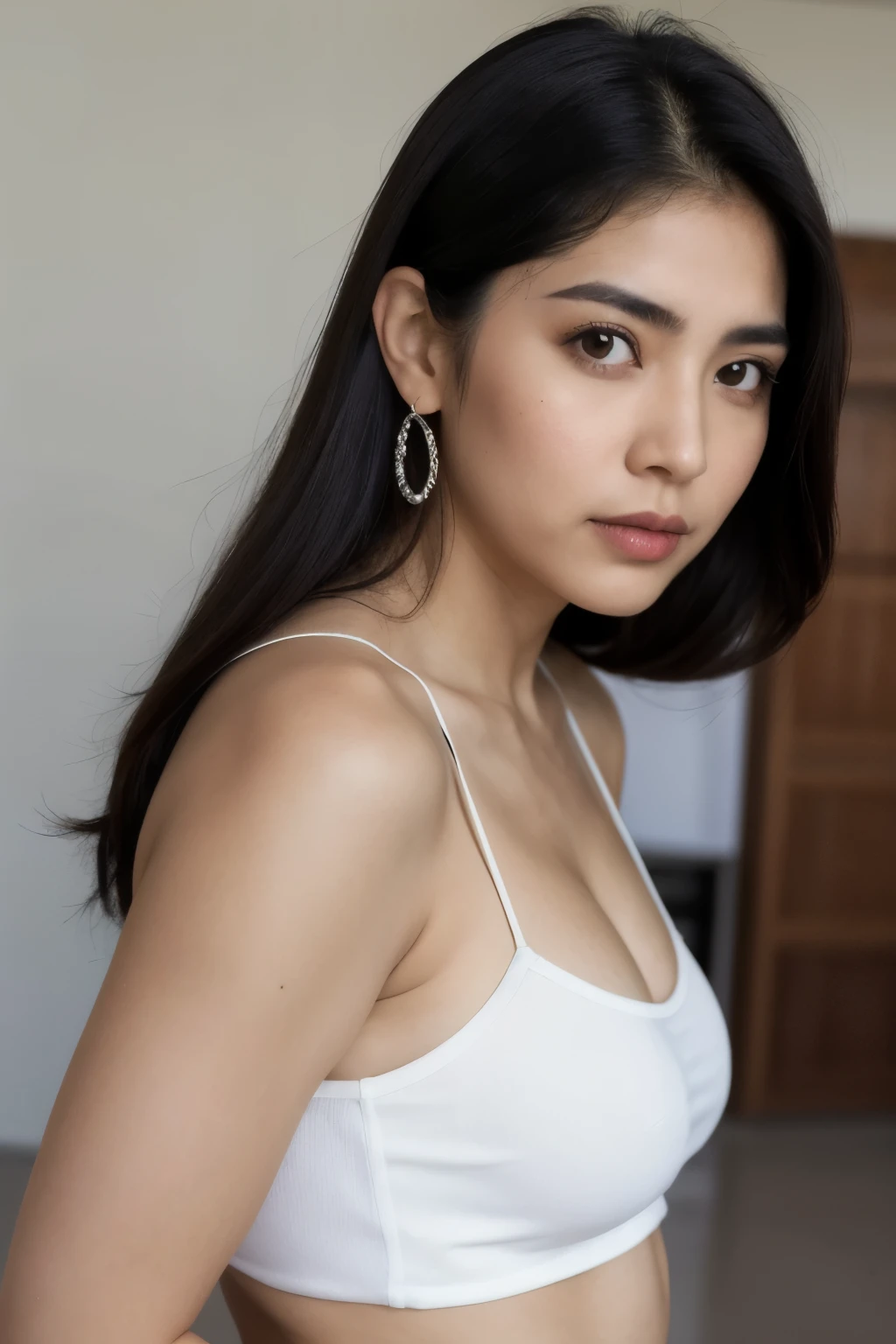 Mujer blanca, cabello ondulado negro, mirada bonita, labios delgados, 65 kilos de peso, con buen cuerpo, peinado (molote)