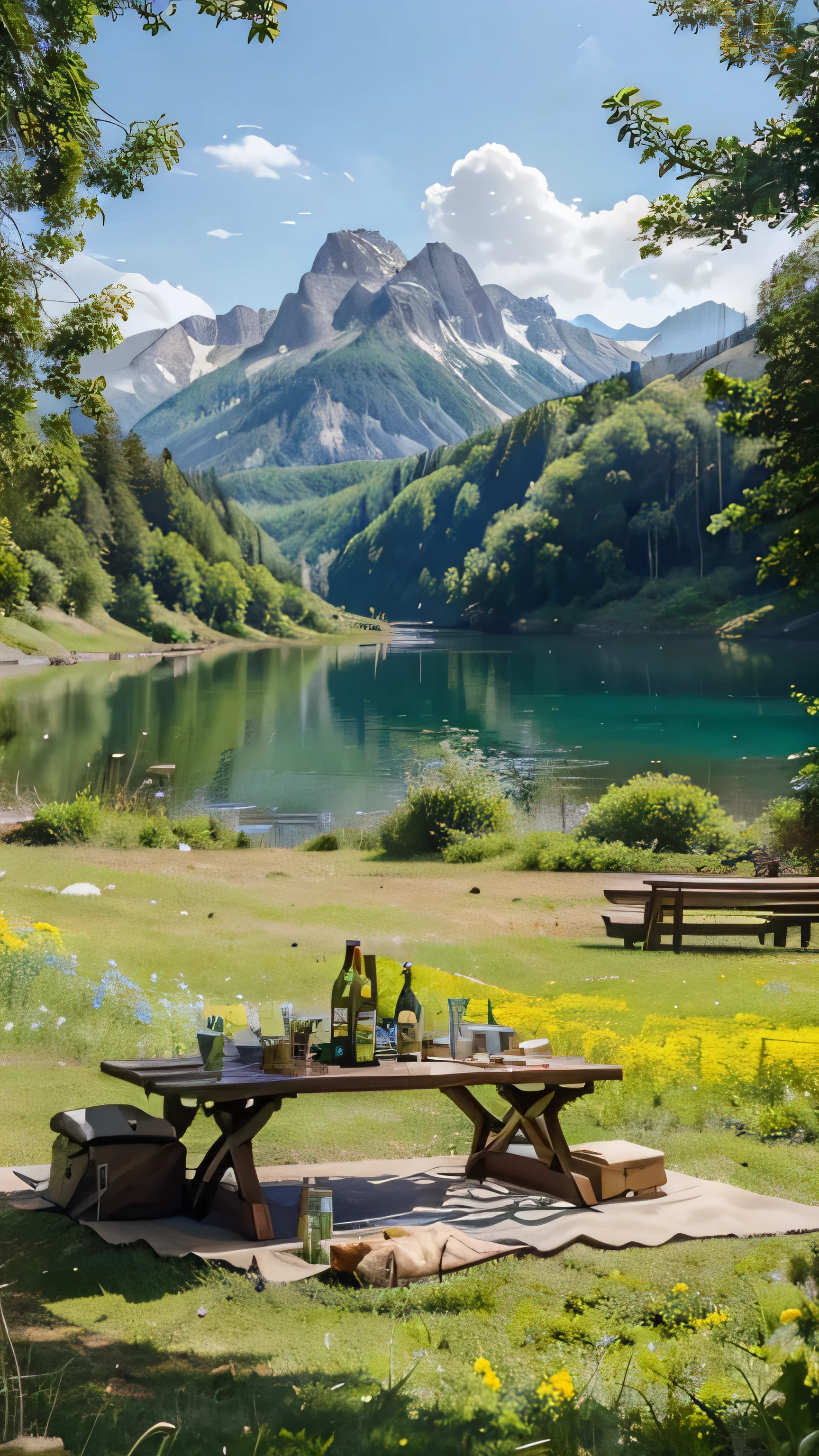 A pictures scene of nature featuring an outdoor picnic table with beer bottles and snacks in the foreground surrounded by lush greenery a serene lake under a blue sky mountains visible on the horizon vibrant yellow wildflowers dotting the landscape a peaceful atmosphere in the style of anime.