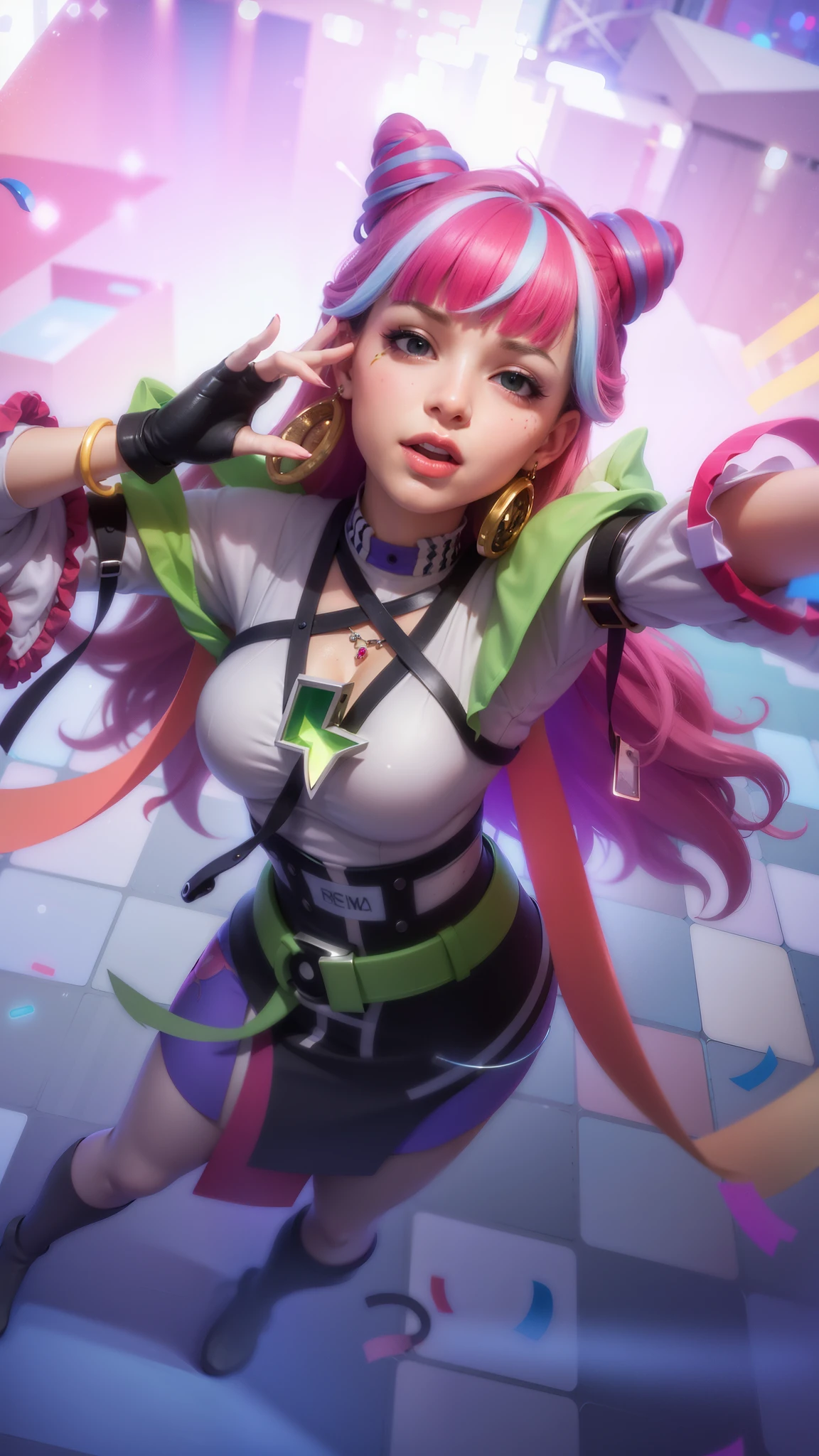 (8k, RAW photo, photorealistic:1.25) , red lips, best quality, ultra highres, depth of field, chromatic aberration, caustics, Broad lighting, natural shading, ultra detailed texture, hyper realistic, detailed texture, detailed face, detailed skin, detailed hair, real hair, detail eyes, cinematic background, a close up of a famele with pink hair and a colorful outfit, ig model | artgerm, extremely detailed artgerm, style artgerm, kda, rossdraws cartoon vibrant, 8k artgerm bokeh, artgerm lau, style of artgerm, ! dream artgerm, artwork in the style of guweiz, green eyes, smile happy, earrings in ears