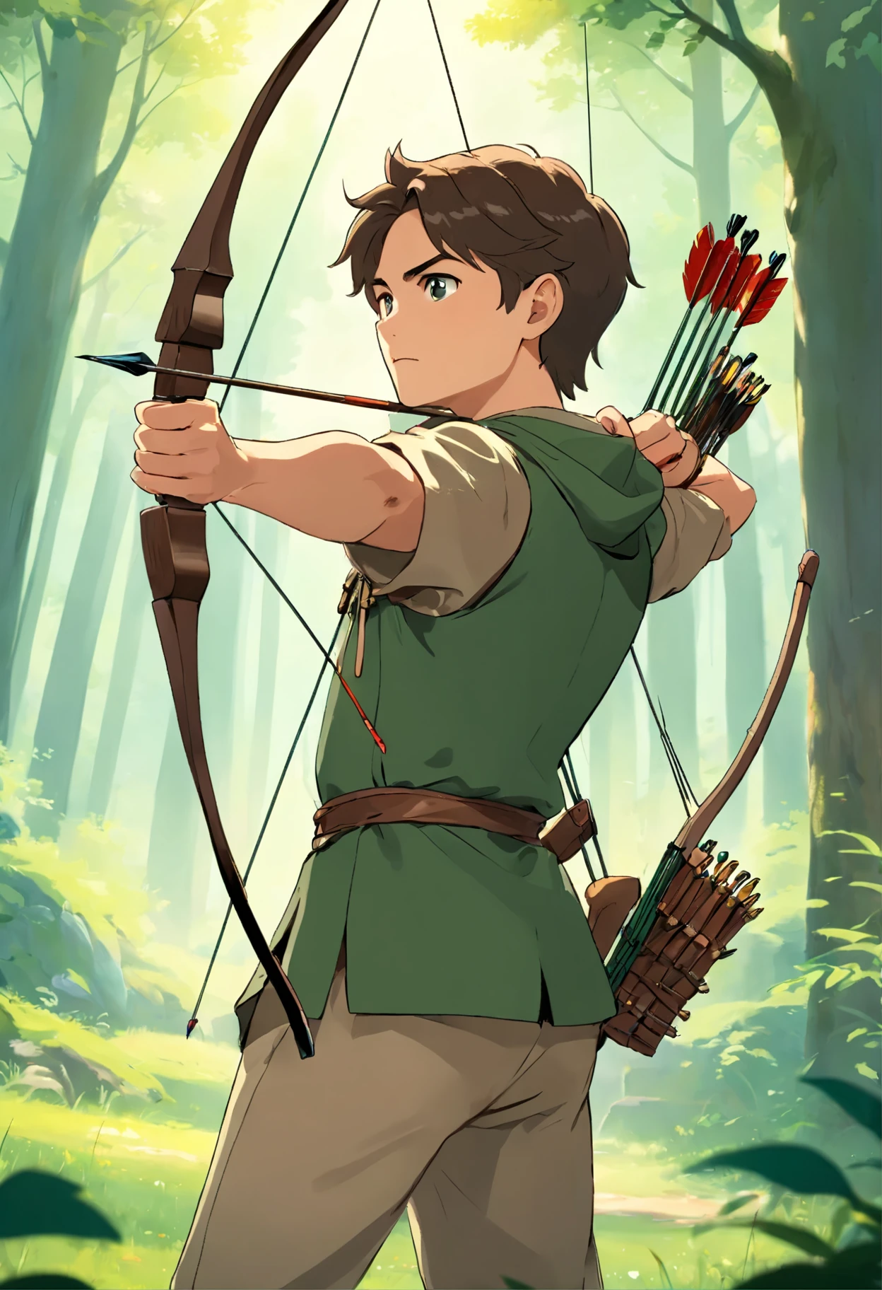high quality,realistic,a boy practicing archery,beautiful detailed eyes,beautiful detailed lips,strong and determined expression,dynamic pose,traditional archery equipment,longbow,feathered arrows,historical setting,nature background,closed focus,dappled sunlight,greenery,bowstring drawn back,concentrated gaze,skilled technique,archery target,focus and precision,archery range in a forest,medieval theme,dressed in archery attire,waistcoat and trousers,Robin Hood style,quiver of arrows,hawkeye,target practice,sunlit clearing,peaceful and serene atmosphere,aspiring archer,adventurous spirit,vivid colors,hint of nostalgia,fuzzy background,perfect aim,archery master in the making,beginner's luck,arrow flying through the air,graceful and confident movement,archery as a form of meditation