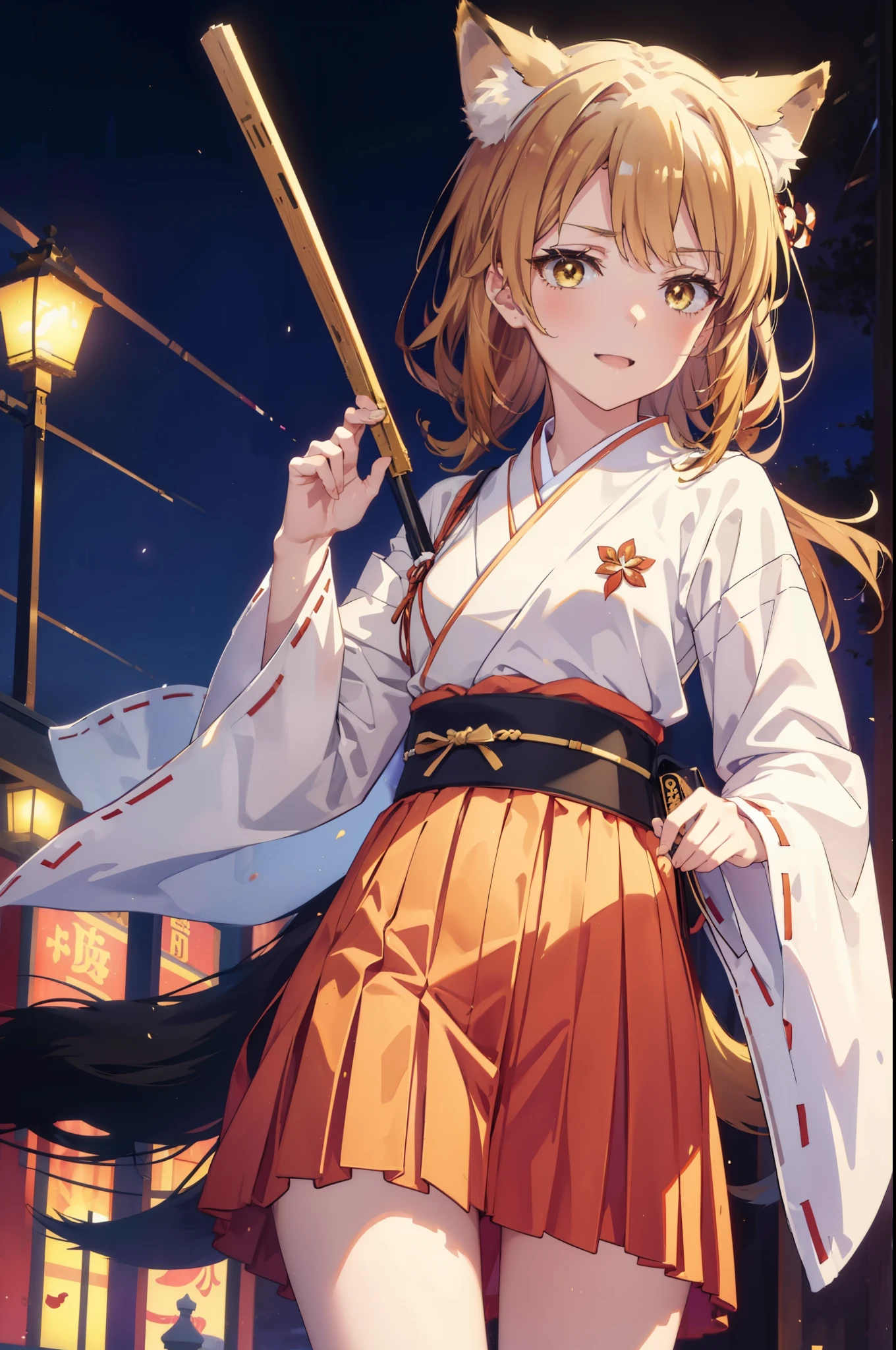irohaisshiki, iroha isshiki, long hair, brown hair, (brown eyes:1.5), happy smile, smile, open your mouth,animal ears fox ears,animal tail fox tail,bellflower,Miko, kimono, Red too,kimono, same as skirt, wide sleeve, long sleeve, Ribbon trim sleeves, white foot bag,Zori sandals,firework in the night sky、firework、The place is a firework display,Time is night,sunny day,
break outdoors, festival,
break looking at viewer,Upper body,whole body, (cowboy shot:1. 5)
break (masterpiece:1.2), highest quality, High resolution, unity 8k wallpaper, (shape:0.8), (beautiful deしっぽed eyes:1.6), extremely deしっぽed face, perfect lighting, extremely deしっぽed CG, (perfect hands, perfect anatomy),
