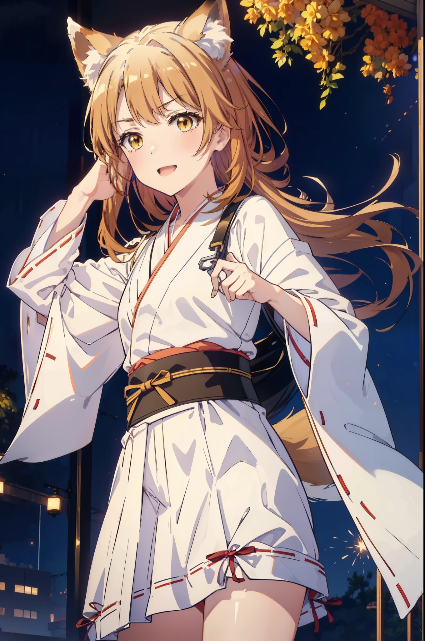 irohaisshiki, iroha isshiki, long hair, brown hair, (brown eyes:1.5), happy smile, smile, open your mouth,animal ears fox ears,animal tail fox tail,bellflower,Miko, kimono, Red too,kimono, same as skirt, wide sleeve, long sleeve, Ribbon trim sleeves, white foot bag,Zori sandals,firework in the night sky、firework、The place is a firework display,Time is night,sunny day,
break outdoors, festival,
break looking at viewer,Upper body,whole body, (cowboy shot:1. 5)
break (masterpiece:1.2), highest quality, High resolution, unity 8k wallpaper, (shape:0.8), (beautiful deしっぽed eyes:1.6), extremely deしっぽed face, perfect lighting, extremely deしっぽed CG, (perfect hands, perfect anatomy),