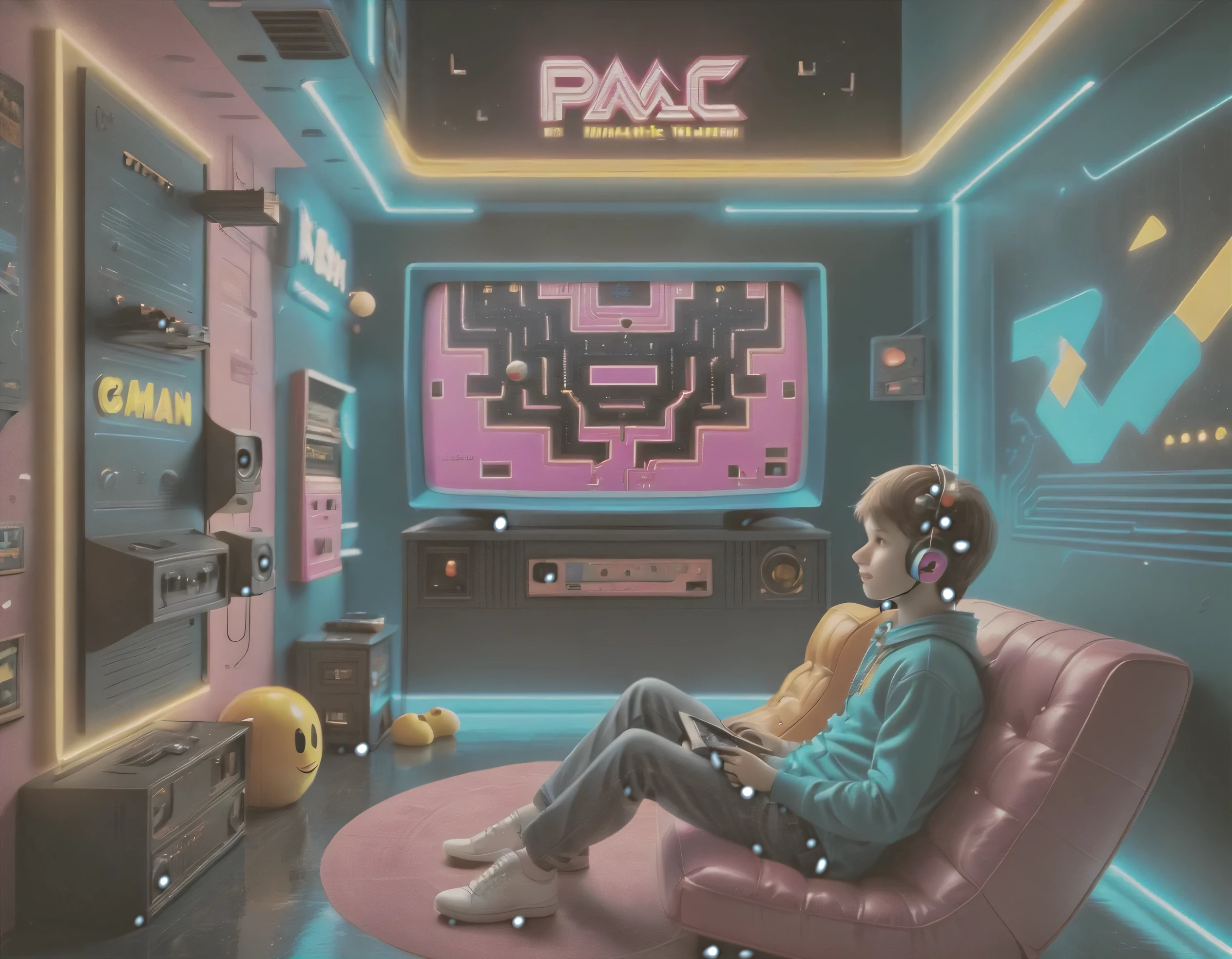 ((masterpiece: 1.5, distant shot, profile: 1.5)). (retro boy playing sitting in a chair in his room, ((playing PAC MAN Console Atari Cx-2600 Cr C/2 Controls)), ((on a retro television WHICH broadcasts PAC MAN:1.6, perfectly proportioned))) , (the plane has to be far away so that the child and the Pac Man game on Atari console: 1.5 can be clearly seen), sports clothing, (clothing and details with a wide variety of bright color tones, cyan, earth colors, orange , green: 1.3)).(perfect composition: 1.4), all extremely detailed and realistic with youthful features.., A perfect person, happy, smiling, fun, His lips are a uniform shade of pink. Includes fun and impressive features. Very realistic eyes. His eyes, face and body are important and must be hyper-realistic. Very detailed and beautiful. In high definition and detail, lots of energy and emotion, enhanced details, Pay special attention to his face and make sure it is beautifully detailed and realistic.... camera: this art is ethereal and the camera should emphasize those features... Create something surprisingly beautiful. Use dynamic composition techniques, ((Imaginative scene)),((perfect, meticulously detailed:1.4)), ((full shot: 1.4, dynamic pose:1.3)), ((Best quality)), ((masterpiece) ), 3d, (Hyper Detailed: 1.3), ((Cityscape: 1.3)), (Photorealistic: 1.4), ((Low Light Night Cinema Lighting: 1.2)).32k.