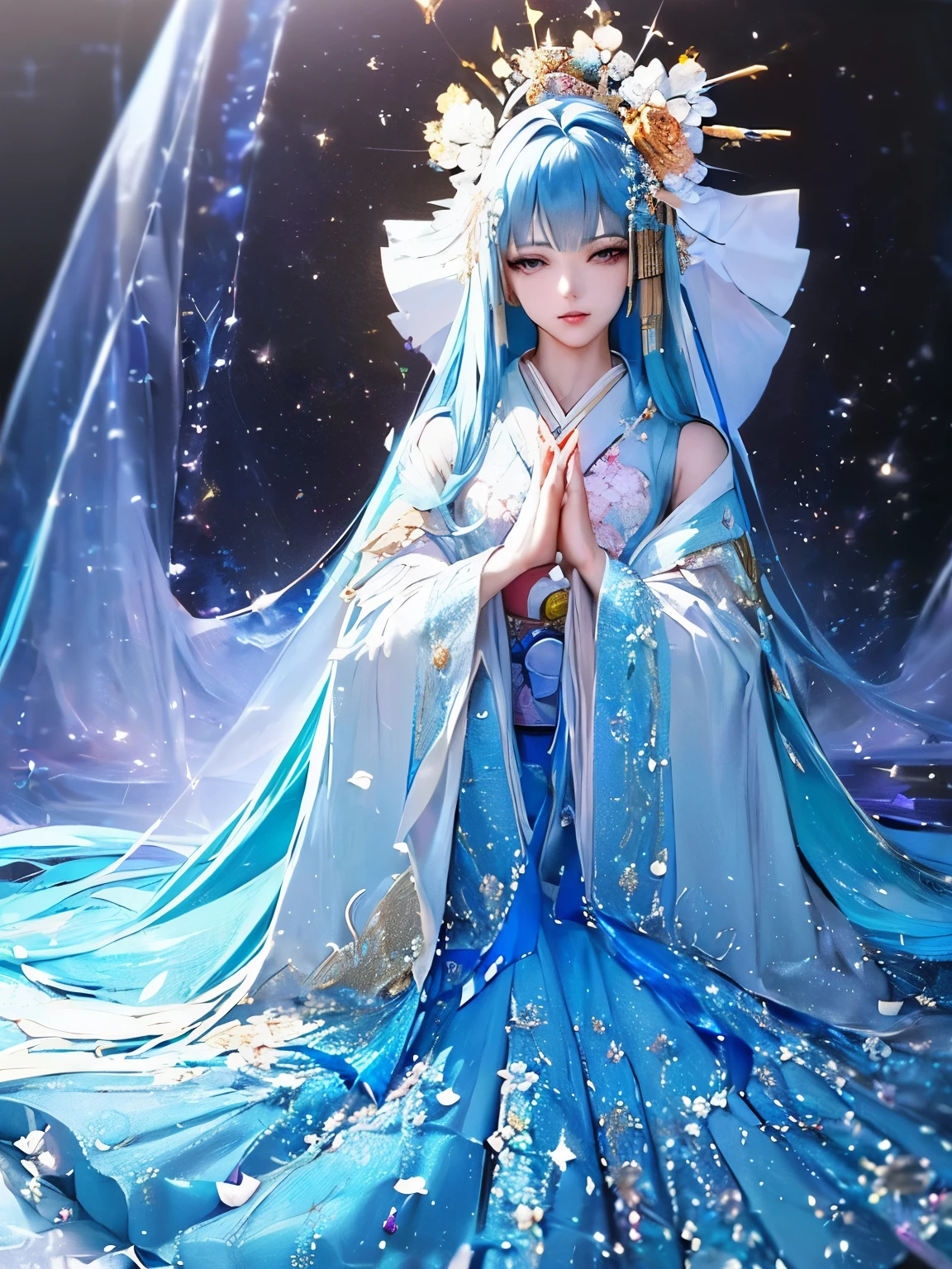 (((Prayer, join hands,)))), Close your eyes, ((Anime art style)),(Maste piece),(Best quality), (Super detail),((Very delicate and beautiful )),(( (solo))),((full body portrait)),(((a princess dressed in a finely crafted kimono))),((crinoline)),long train,(( Standing in front of an old folk house)),(gorgeous gemstone jewelry), detailed face and eyes, jewel-like eyes,((lots of straight hair, very long azure blue straight hair)),((very delicate Flower)),(( Hair ornament decorated with sparkling and gorgeous jewels)),((Angle of movement)), Looking at the viewer,,The flower has flowing petals,(((Flower with volume) )),