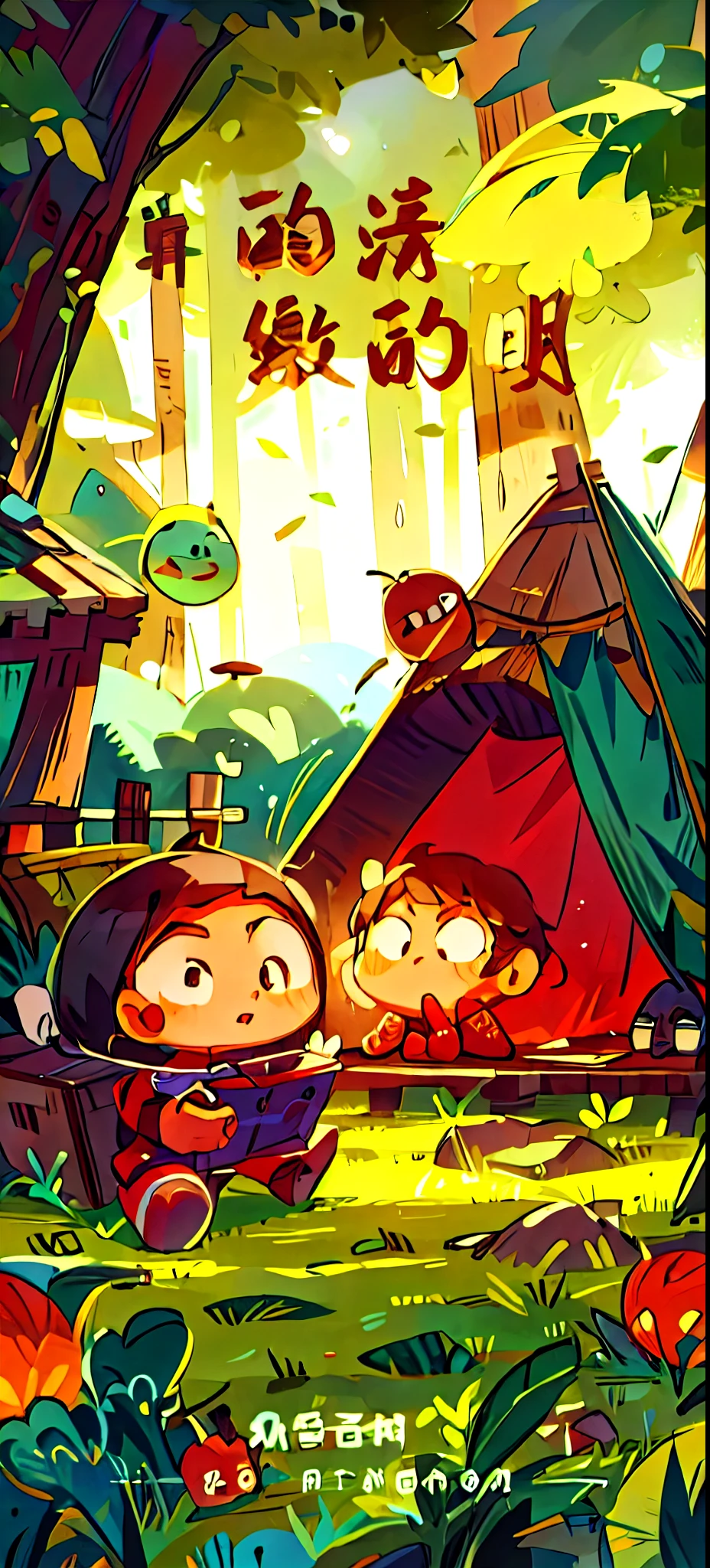 Chinese children's book with cartoon characters and tent, 、barbecue grill,Color: cool tones