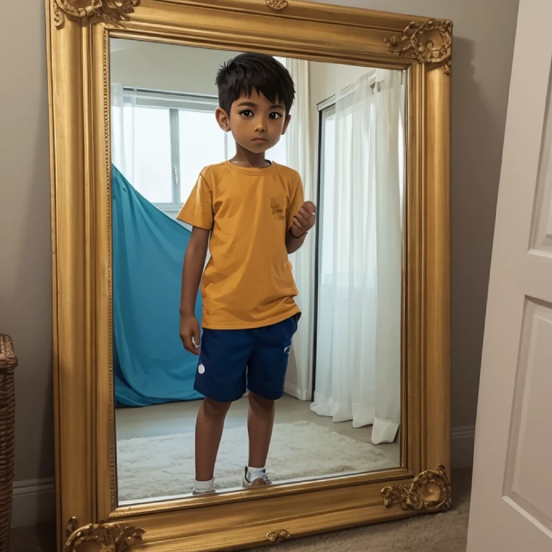 A  drawing himself looking in mirror on canvas.