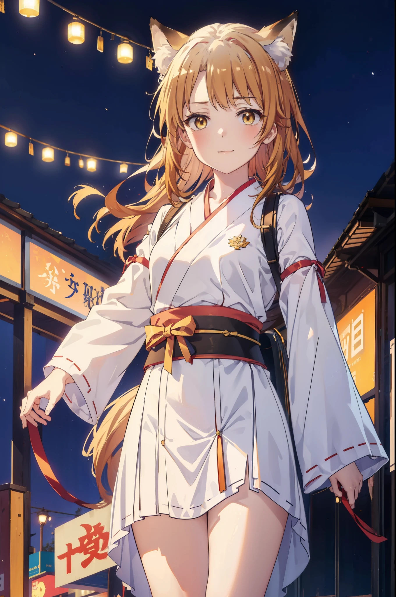 irohaisshiki, iroha isshiki, long hair, brown hair, (brown eyes:1.5), happy smile, smile, open your mouth,animal ears fox ears,animal tail fox tail,bellflower,Miko, kimono, Red too,kimono, same as skirt, wide sleeve, long sleeve, Ribbon trim sleeves, white foot bag,Zori sandals,firework in the night sky、firework、The place is a firework display,Time is night,sunny day,
break outdoors, festival,
break looking at viewer,Upper body,whole body, (cowboy shot:1. 5)
break (masterpiece:1.2), highest quality, High resolution, unity 8k wallpaper, (shape:0.8), (beautiful deしっぽed eyes:1.6), extremely deしっぽed face, perfect lighting, extremely deしっぽed CG, (perfect hands, perfect anatomy),