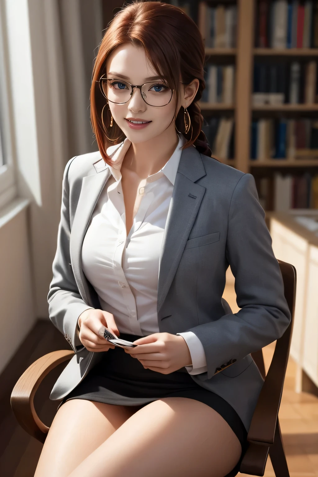 (clear, high-definition image), (job interview, Interviewer's perspective), frontal image of a woman wearing a miniskirt sitting on a chair and looking straight at interviewer, seduce by (slightly) showing her light colored panties, unbuttoned shirt, angle from below, book shelf, window, casual styled suit jacket, tiny earrings, ((stylish glasses)), braid, smiling, dark red hair,