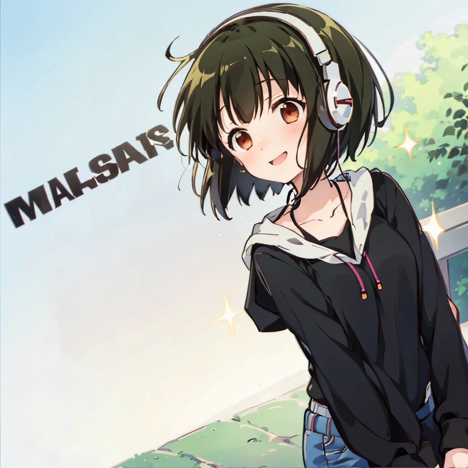 Girl with short hair, wearing headphones, laughing happily, looking towards the viewer