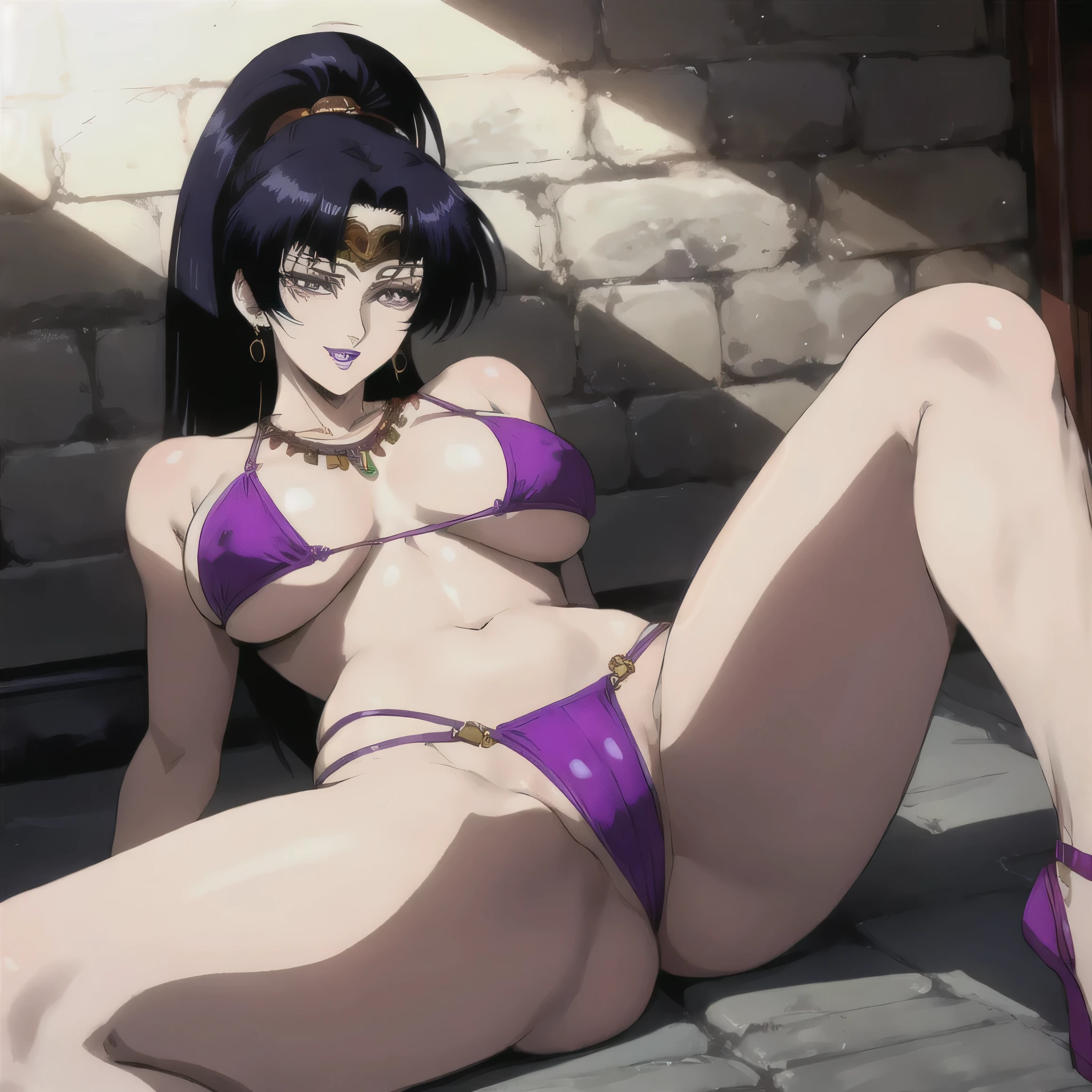 masterpiece, highest quality, detailed face, High resolution, ８K, Anime image quality, Karla, 1 girl, ponytail,black hair,purple eyes,purple lips, circlet,necklace,earrings, (Huge_chest:1.4, smallDown着_superior), smooth copper, wide_waist:1.3, Huge_Buttocks, alone, red_small_smallDown着_Down, (Show off your down jacket:1.6, ), Lying Pose, (open your legs:1.5, M-shaped), smile,masterpiece, highest quality, detailed face, fine eyes, High resolution, ８K, Anime image quality, 