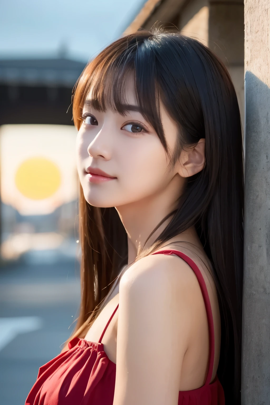 masterpiece, best image quality, high quality, beautiful girl, Japanese, Japanese school girl, popular korean makeup, big breasts, become familiar with, eye swelling, become familiar with eyes, become familiar with skin, beautiful skin, ultra High resolution, (reality: 1.4), so beautiful, Looks a little young, beautiful skin, thin, (超reality的な), (shape), (High resolution), (8K), (highly become familiar with), (best shape), (beautifully become familiar with eyes), (super become familiar with), (wallpaper), (become familiar with face), looking at the viewer, small details, become familiar with face, Pure erotic face ace_V1, smile, look straight ahead, look straight ahead, Angle from the waist up, realistic pictures, bright lighting, professional lighting, blonde, long hair, dark ruins, big red moon, gorgeous red and black dress, mature woman, Stylish long bangs,Kissshot Acerola Orion Heart Underblade