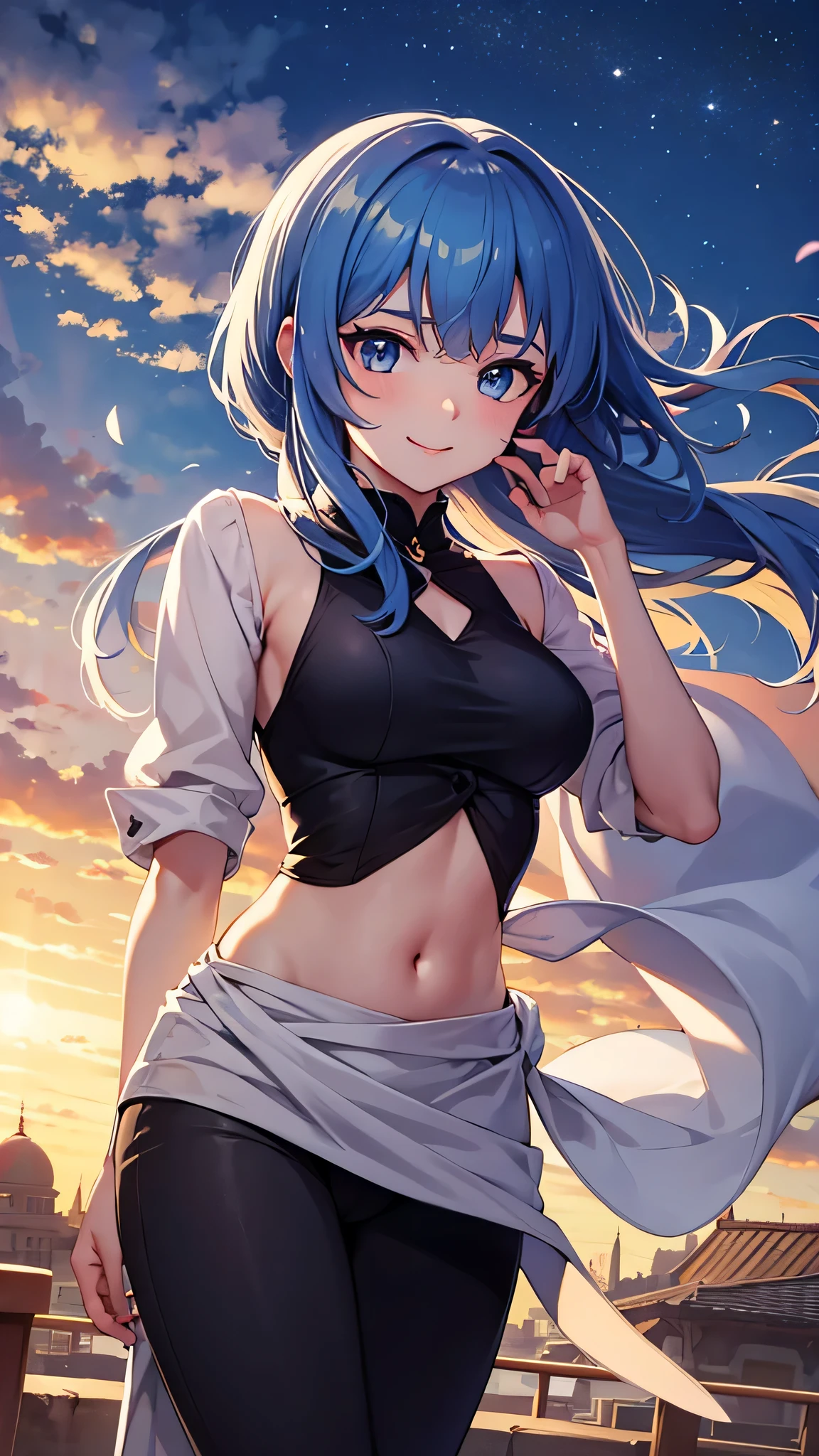 Girl, blue hair, slim body, saree blouse, reflective skin, reflective hair, arabian architecture, open rooftop, dawn, lens flair, high quality anime art, high quality, clean anime art, looking at viewer, smiling, hair blowing at wind, hand on hair