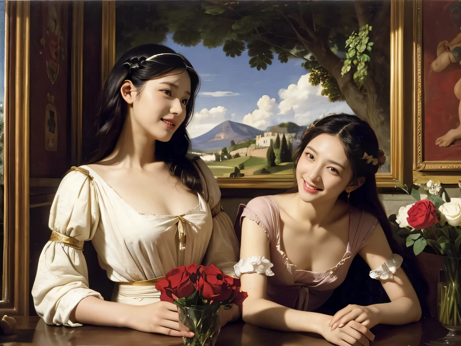 Giorgione painting style,Arguments of two female Philosophe,math、astronomical machine、astronaut、roses in vase、fruits、Cute trinkets、smile、ancient greek costume、Ancient Roman landscape in the style of Nicolas Poussin,laughter,,Sweet and seductive appearance.、Caravaggio's paintings、Chiaroscuro of Caravaggio、hair tousled by the wind,Two women frolicking,cute smile, expression of ecstasy,Sexy,erotic