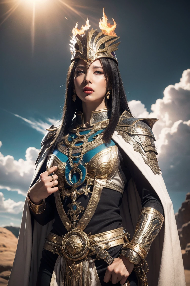 highest quality, masterpiece, realistic, High resolution, 8K RAW写真, 1 girl、long hair、goddess、Raise your decorated sword、((glamor body:1.3))、(Body suit with flame motif、gold edge、white cloak)、silver pendant、silver earrings、(((action pose)))、(planet where the sun can be seen)、(Lots of clouds in the sky）