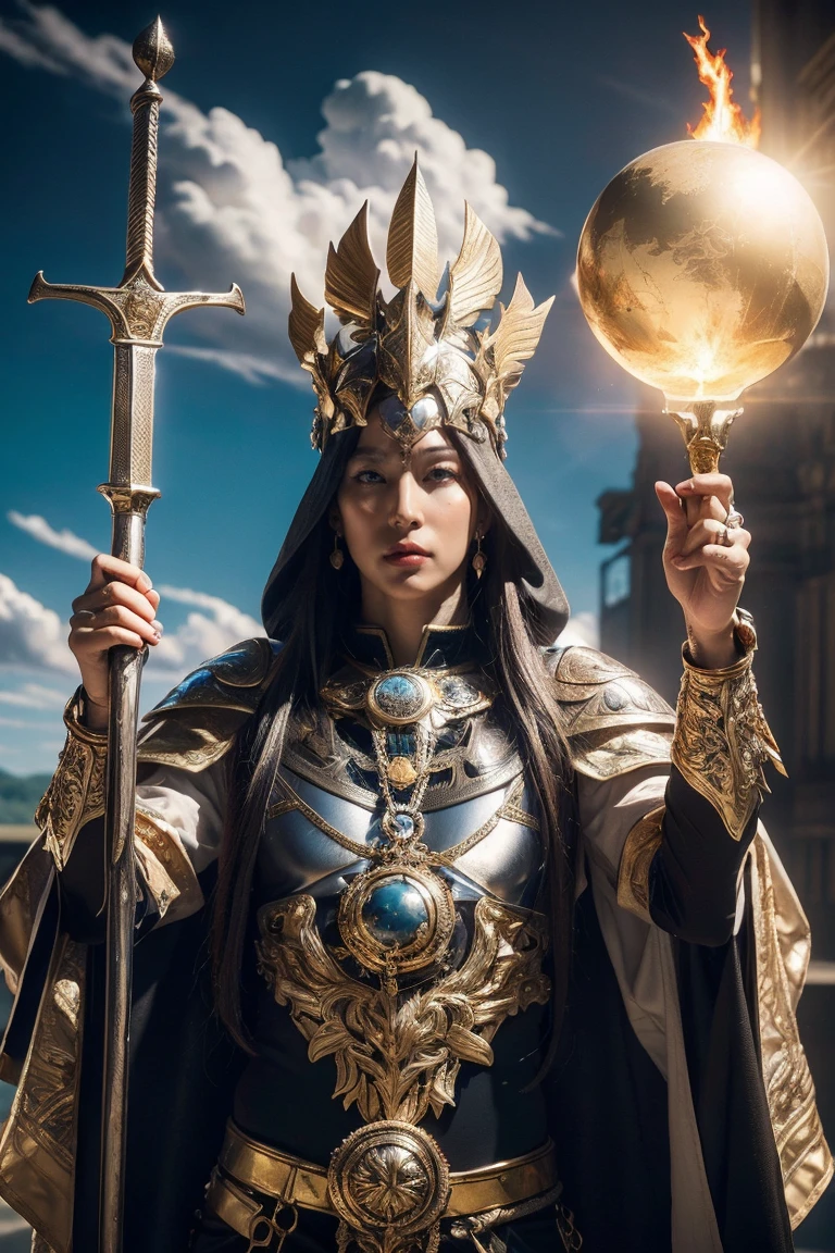 highest quality, masterpiece, realistic, High resolution, 8K RAW写真, 1 girl、long hair、goddess、Raise your decorated sword、((glamor body:1.3))、(Body suit with flame motif、gold edge、white cloak)、silver pendant、silver earrings、(((action pose)))、(planet where the sun can be seen)、(Lots of clouds in the sky）