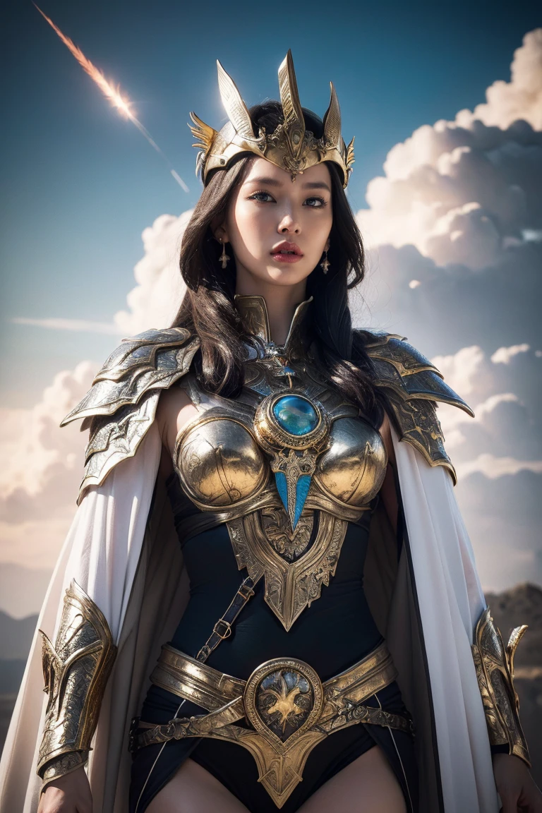 highest quality, masterpiece, realistic, High resolution, 8K RAW写真, 1 girl、long hair、goddess、Raise your decorated sword、((glamor body:1.3))、(Body suit with flame motif、gold edge、white cloak)、silver pendant、silver earrings、(((action pose)))、(planet where the sun can be seen)、(Lots of clouds in the sky）