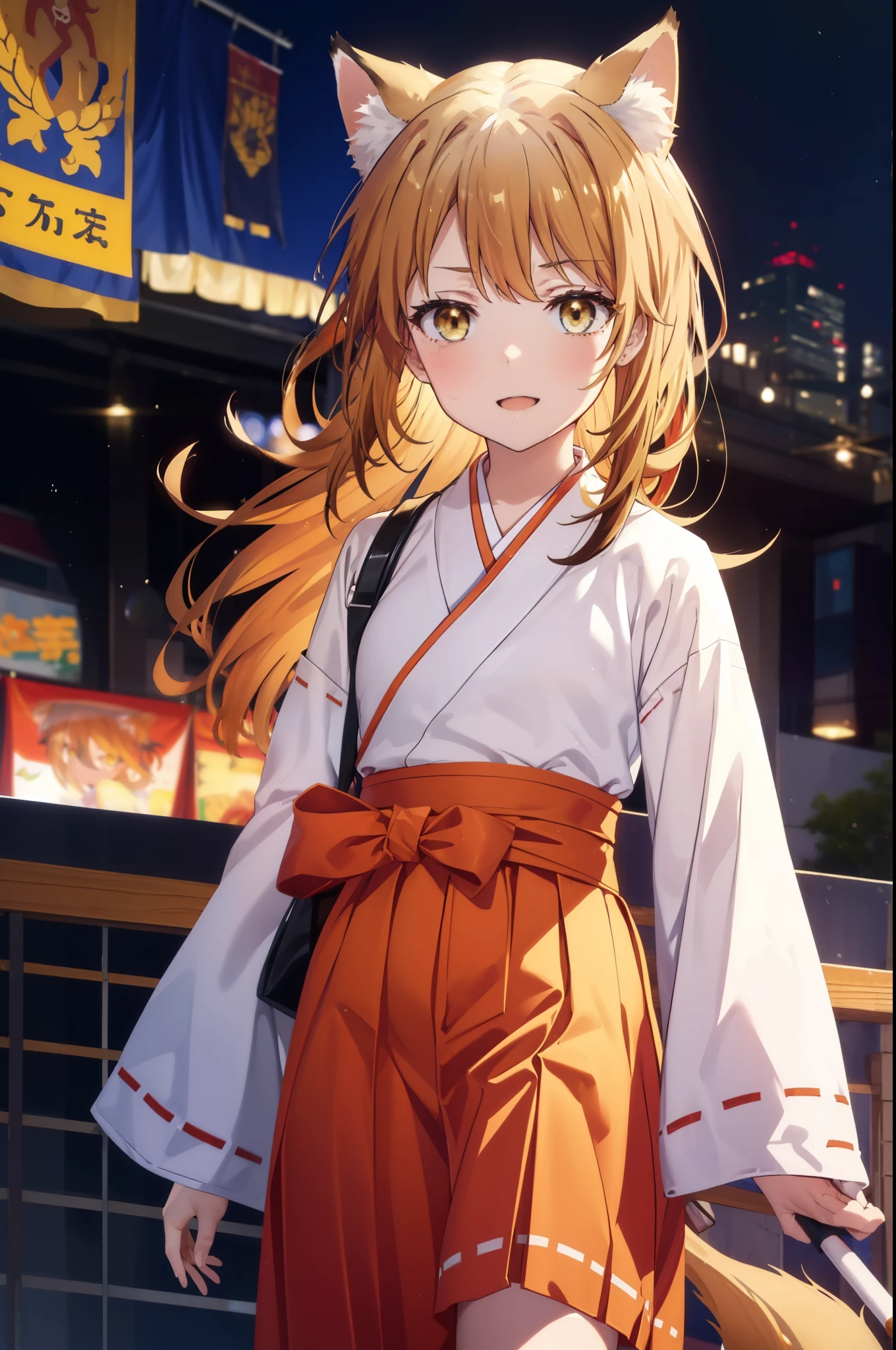 irohaisshiki, iroha isshiki, long hair, brown hair, (brown eyes:1.5), happy smile, smile, open your mouth,animal ears fox ears,animal tail fox tail,Miko, kimono,red hakama ,kimono, wide sleeve, long sleeve, Ribbon trim sleeves,Zori sandals,Time is night,sunny day,
break outdoors, festival,
break looking at viewer,Upper body,whole body, (cowboy shot:1. 5)
break (masterpiece:1.2), highest quality, High resolution, unity 8k wallpaper, (shape:0.8), (beautiful deしっぽed eyes:1.6), extremely deしっぽed face, perfect lighting, extremely deしっぽed CG, (perfect hands, perfect anatomy),