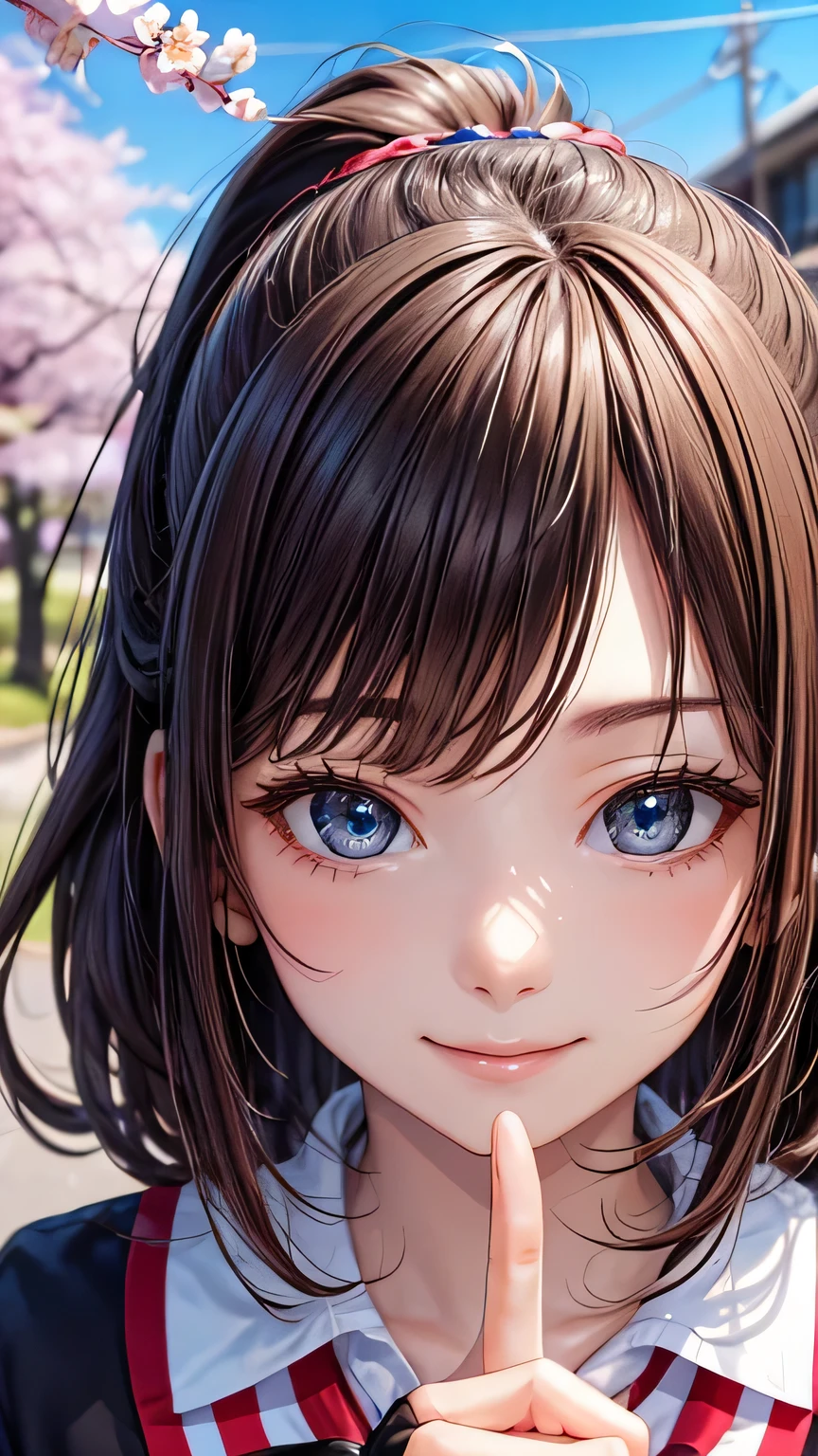 one girl, (a beauty girl, delicate girl:1.3), (14 years old:1.3),
break, (spring, cute uniform:1.3),
break, (Street view:1.3), (cherry blossoms fall:1.3), (wool gloves), perfectly trimmed fingers,
break, very fine resolution, (symmetrical eyes:1.3),
break, small breasts, brown eyes, parted bangs, brown hair,  girl,
break, (Eye and face details:1.0), (get closer to the face, enlarge the face, face focus:1.0),close up of face,
break, (masterpiece, highest quality, Super detailed, detailed face, 8K),SakuraFubuki,cherry blossom petals,smile,random pose、blue eyes、white gloves,ponytail、SakuraFubuki、gloves、break,dynamic pose,smile、horizontal peace sign in front of face、beautiful hands、correct move