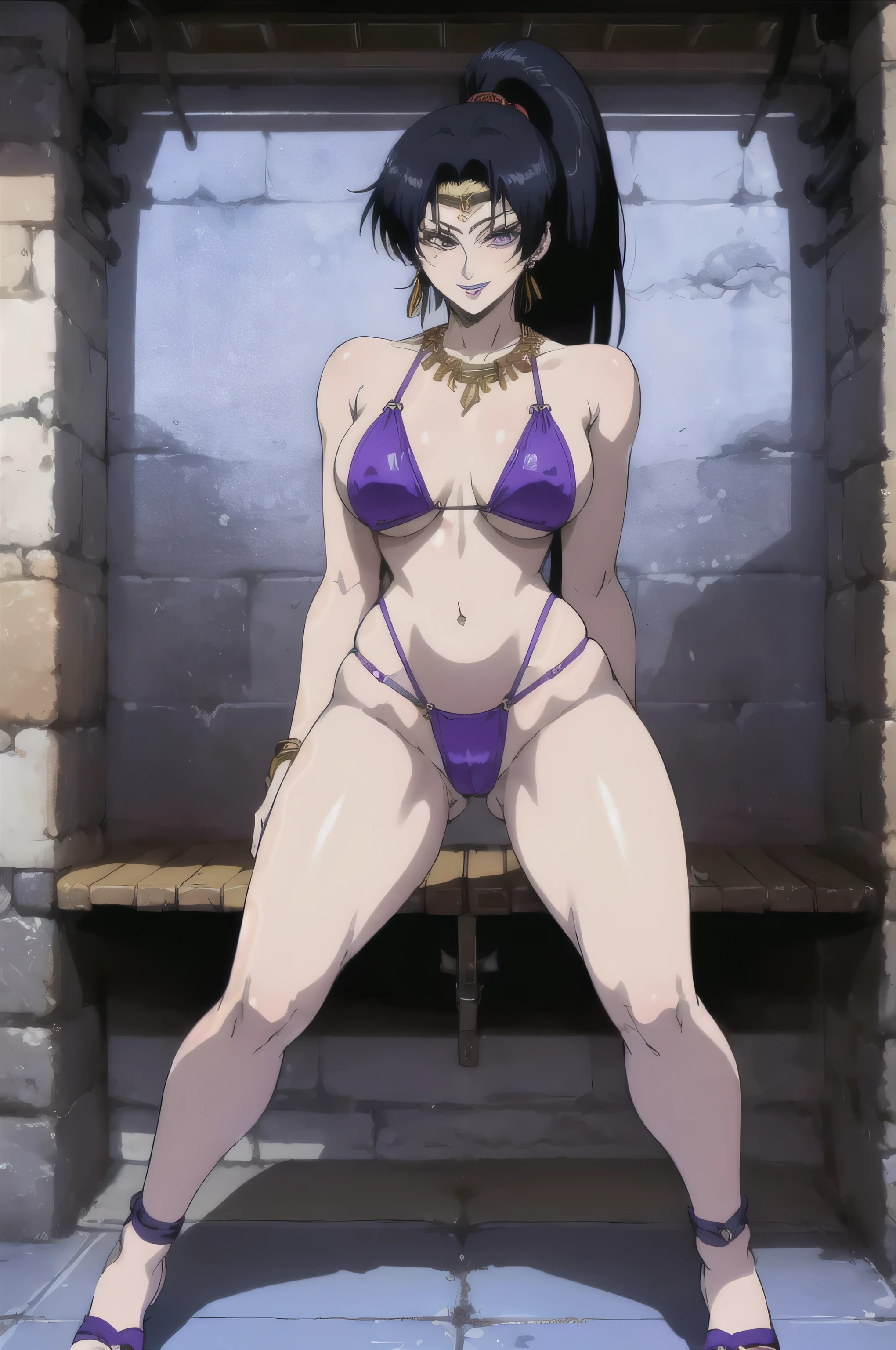 masterpiece, highest quality, detailed face, High resolution, ８K, Anime image quality, Karla, 1 girl, ponytail,black hair,purple eyes,purple lips, circlet,necklace,earrings, (Huge_chest:1.4, smallDown着_superior), smooth copper, wide_waist:1.3, Huge_Buttocks, alone, red_small_smallDown着_Down, (Show off your down jacket:1.6, ), Lying Pose, (open your legs:1.5, M-shaped), smile,masterpiece, highest quality, detailed face, fine eyes, High resolution, ８K, Anime image quality, 