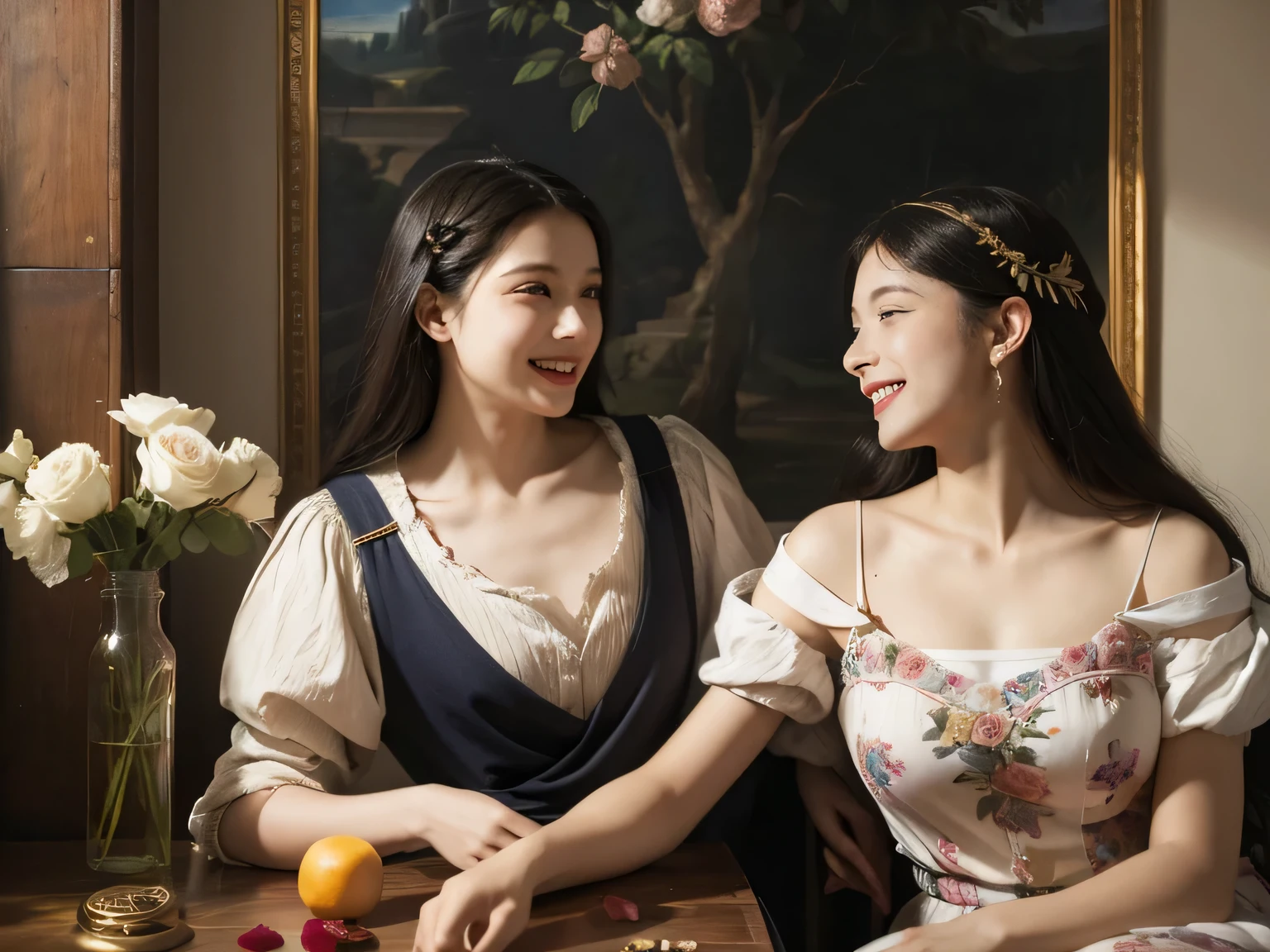 Giorgione painting style,Arguments of two female Philosophe,math、astronomical machine、astronaut、roses in vase、fruits、Cute trinkets、smile、ancient greek costume、Ancient Roman landscape in the style of Nicolas Poussin,laughter,,Sweet and seductive appearance.、Caravaggio's paintings、Chiaroscuro of Caravaggio、hair tousled by the wind,Two women frolicking,cute smile, expression of ecstasy,Sexy,erotic