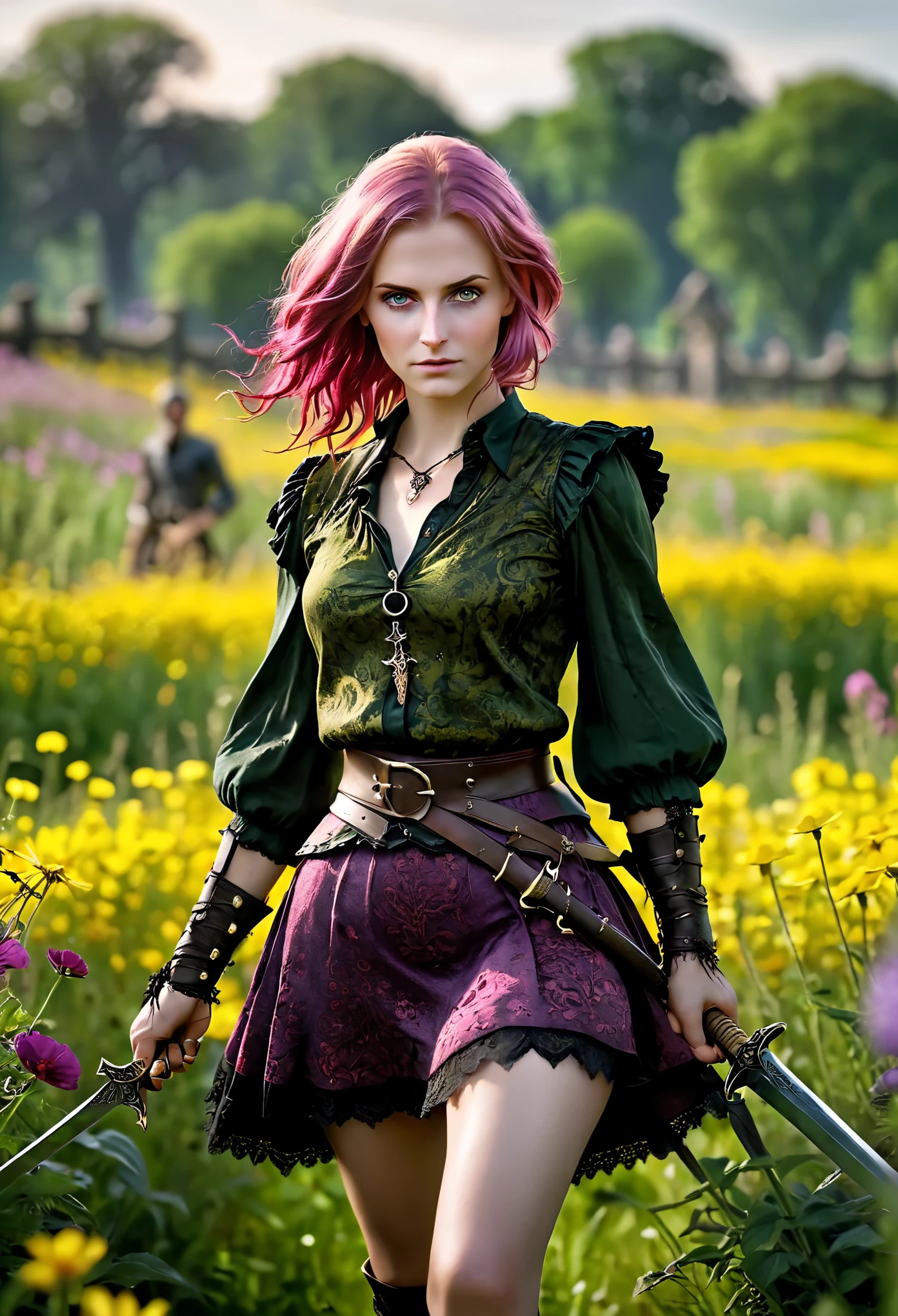 photo shot on Nikon D850, Bloodborne ~ Dark Souls 3 ~ Elden Ring ~ ultra detailed gorgeous woman with dark pink hair, open green blouse, short black patterned skirt, holding a sword, walking through a wild flowers field, in a world of violet and yellow, blushing, teasing, Alluring. highly stylized. depth of field, bokeh effect, backlit, stylish, elegant, breathtaking, visually rich, masterpiece, full body shot.