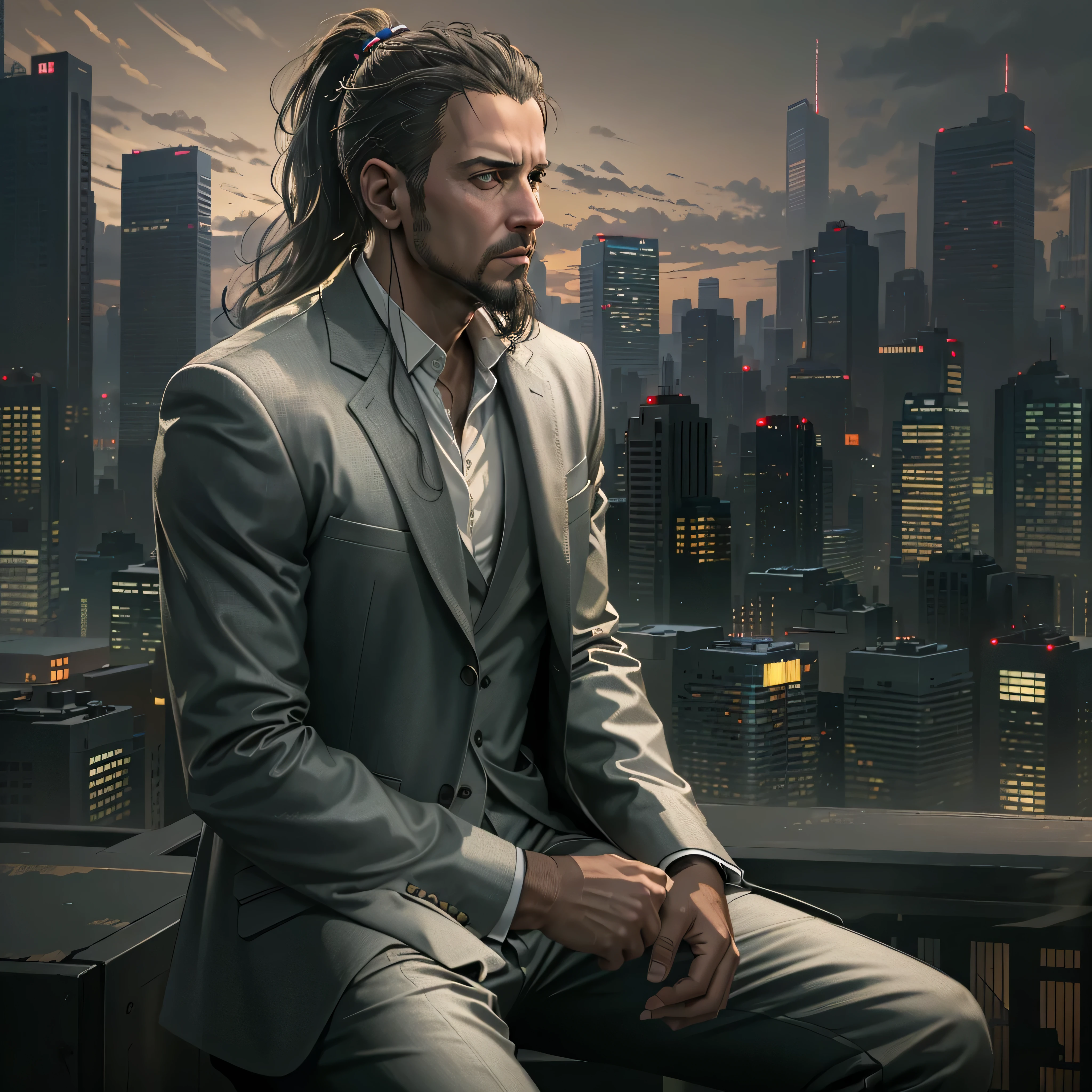 ((ultra detailed, masterpiece, best quality))
REVChris, 35yr. old, 1boy, solo, ponytail hair, goatee, On a sophisticated city rooftop, dressed in a sharp blazer, with the skyline as the backdrop, at night